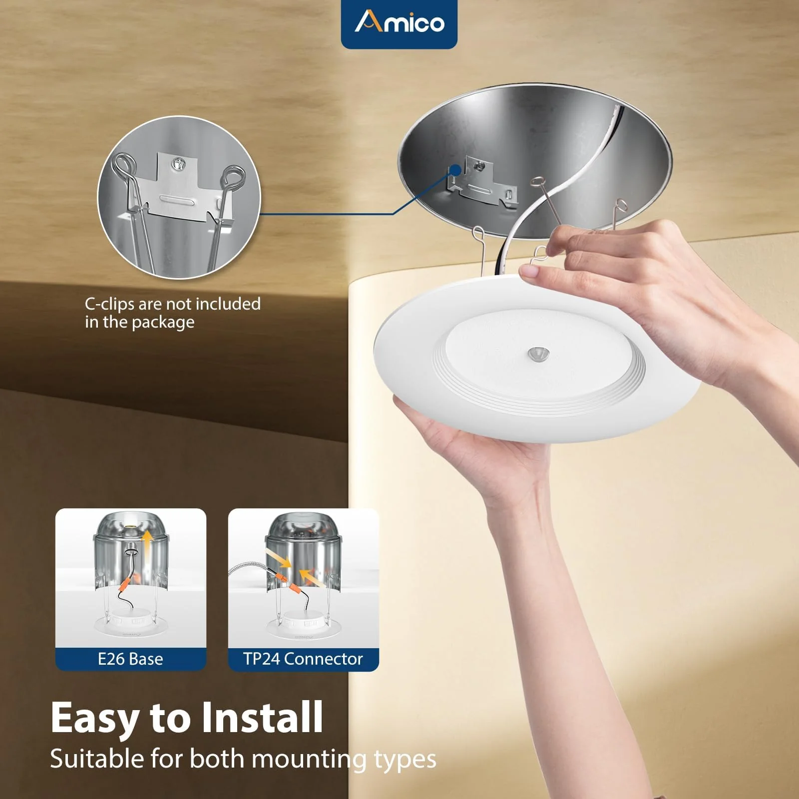Amico 2 Pack 5/6 inch Motion Sensor Recessed Light, 12.5W=100W, 950LM, 2700K/3000K/4000K/5000K/6000K Selectable, LED Retrofit Can Lights, IC Rated - ETL & FCC, White - Image 5