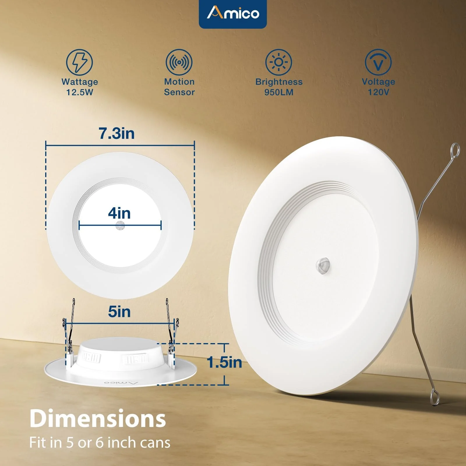 Amico 2 Pack 5/6 inch Motion Sensor Recessed Light, 12.5W=100W, 950LM, 2700K/3000K/4000K/5000K/6000K Selectable, LED Retrofit Can Lights, IC Rated - ETL & FCC, White - Image 6