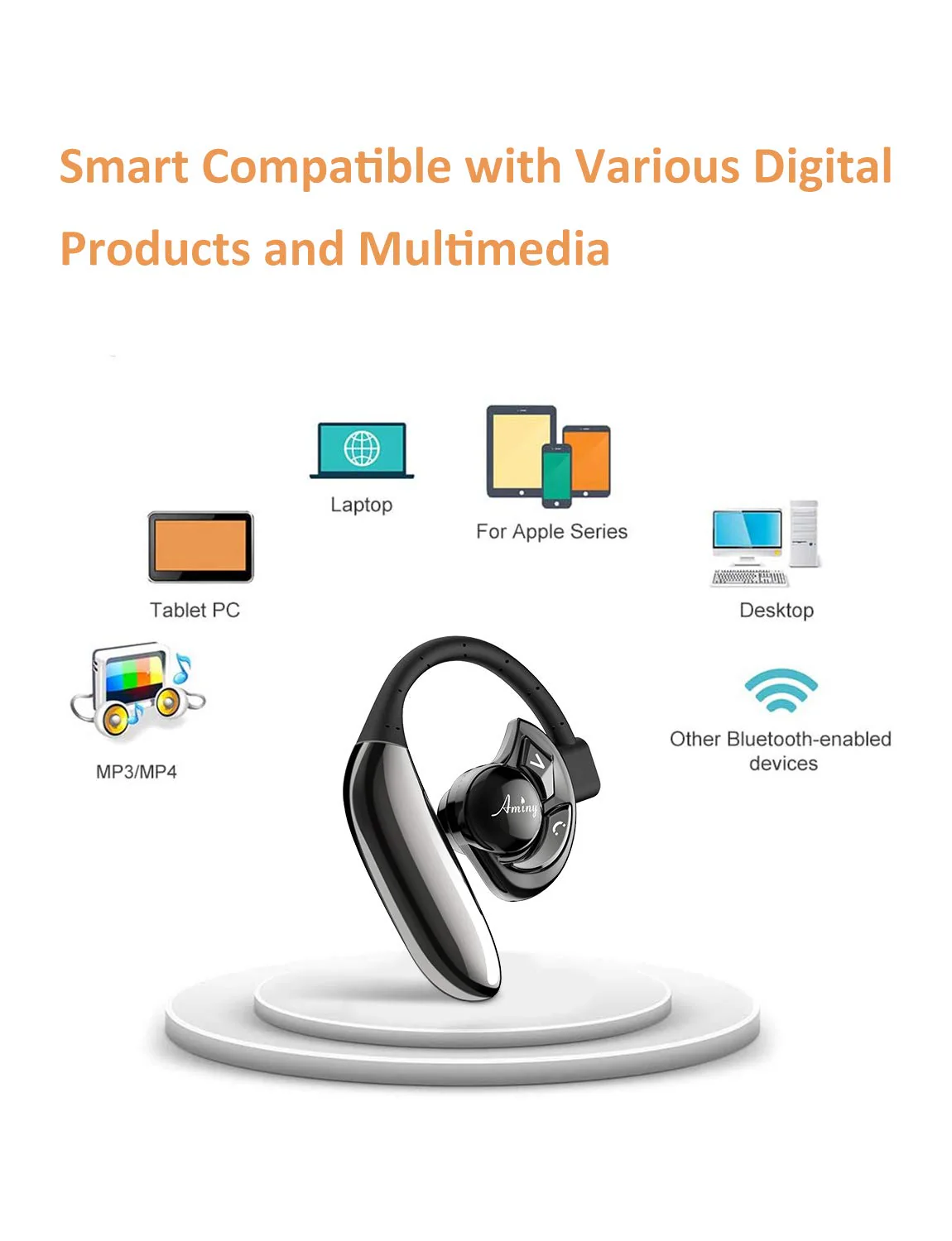 AMINY Bluetooth Headset Wireless Bluetooth Earpiece-Compatible with Android/iPhone/Smartphones/Laptop-28 Hrs Playing Time V5.2 Bluetooth Earbuds Wireless Headphones with Noise Cancelling Mic - Image 9