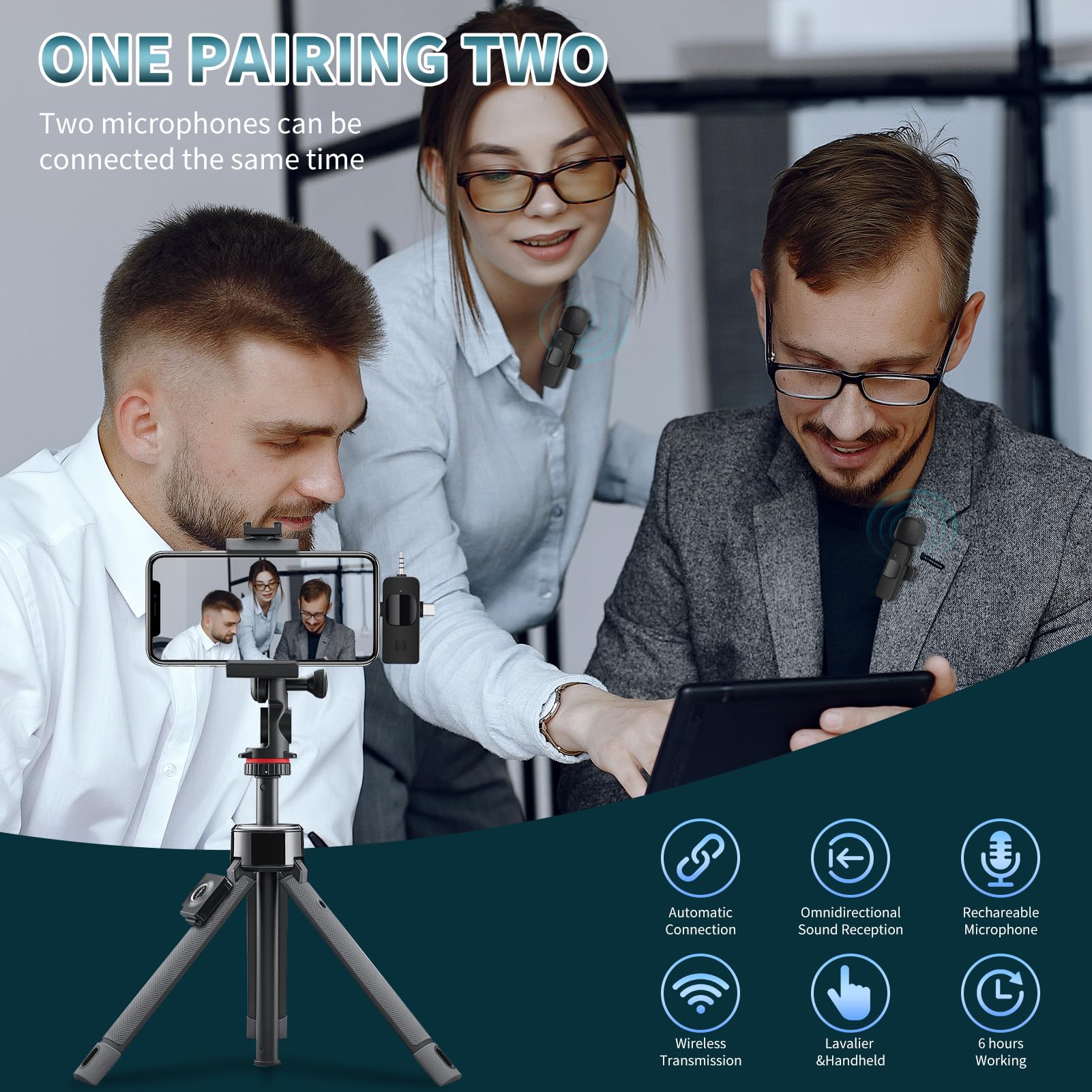 AMOOX Wireless Lavalier Microphone for iPhone Camera Live Streaming, Vlogging, Cordless Omnidirectional Clip Mic, Plug-Play Microphone for Interview Video Podcast Vlog YouTube Three in One Set - Image 3