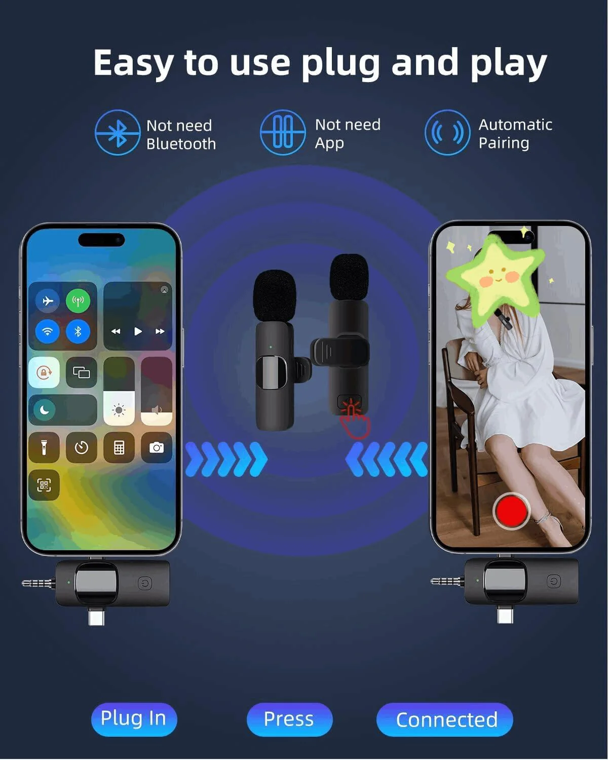 AMOOX Wireless Lavalier Microphone for iPhone Camera Live Streaming, Vlogging, Cordless Omnidirectional Clip Mic, Plug-Play Microphone for Interview Video Podcast Vlog YouTube Three in One Set - Image 5