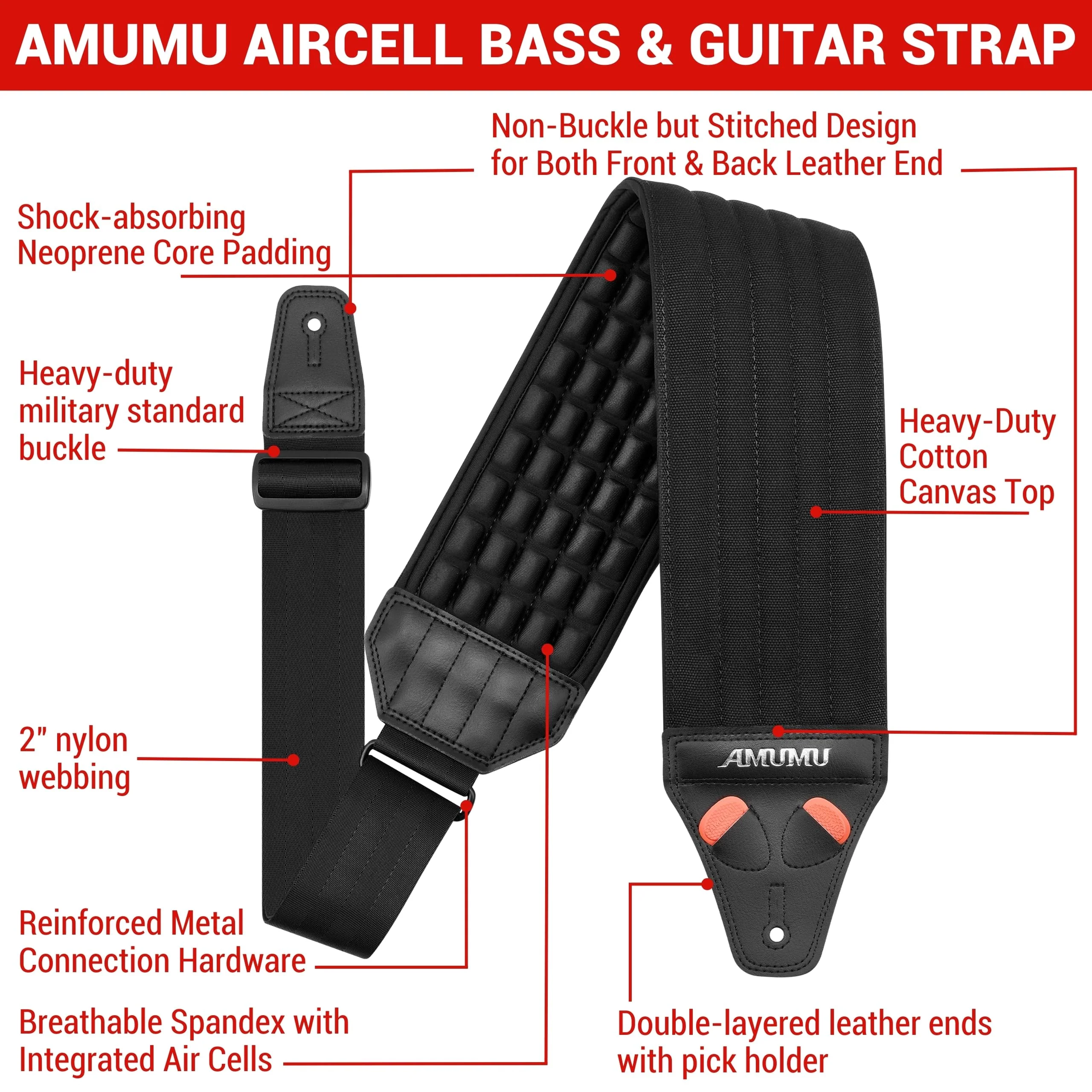 Amumu AIRCELL Bass & Guitar Strap 4" Ultra Wide - 0.7" Thick Breathable Convex 3D Air Cell Cushions - Neoprene Padding - Cotton Canvas Top - Adjustable Length 48"-63"(Long) Black 48"-63"(Long) - Image 2