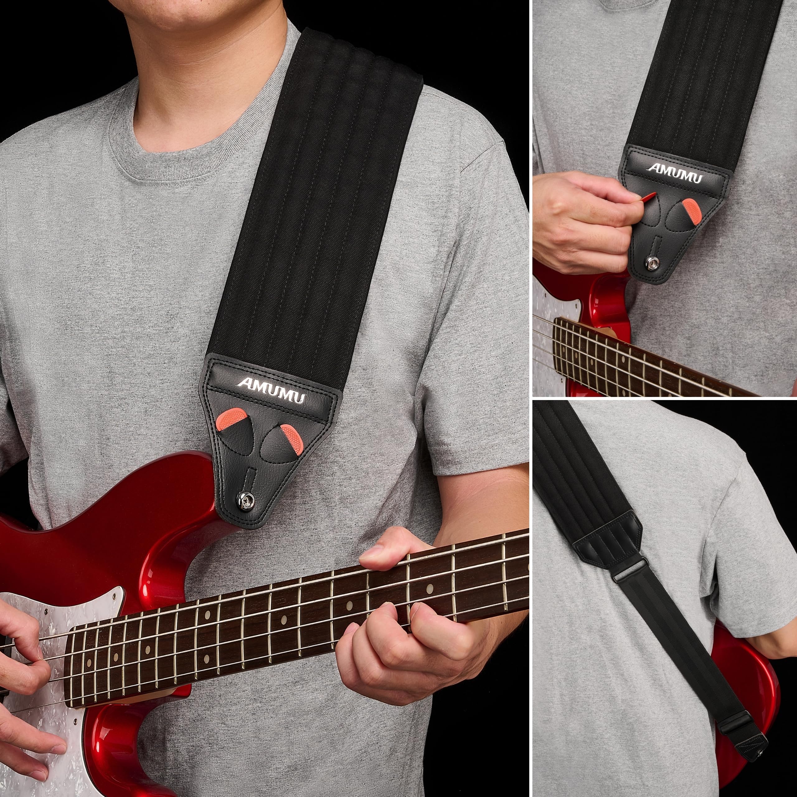 Amumu AIRCELL Bass & Guitar Strap 4" Ultra Wide - 0.7" Thick Breathable Convex 3D Air Cell Cushions - Neoprene Padding - Cotton Canvas Top - Adjustable Length 48"-63"(Long) Black 48"-63"(Long) - Image 5