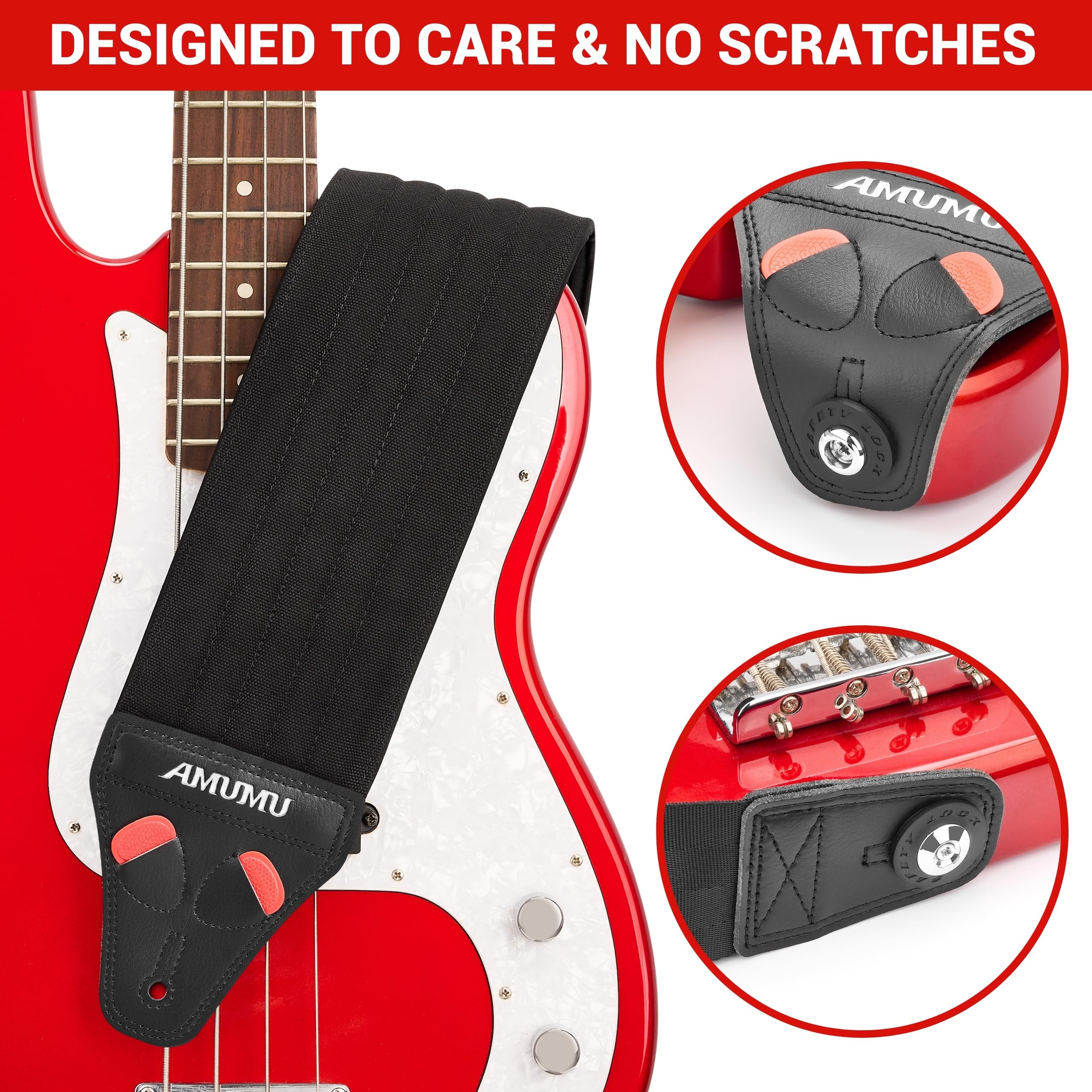 Amumu AIRCELL Bass & Guitar Strap 4" Ultra Wide - 0.7" Thick Breathable Convex 3D Air Cell Cushions - Neoprene Padding - Cotton Canvas Top - Adjustable Length 48"-63"(Long) Black 48"-63"(Long) - Image 6