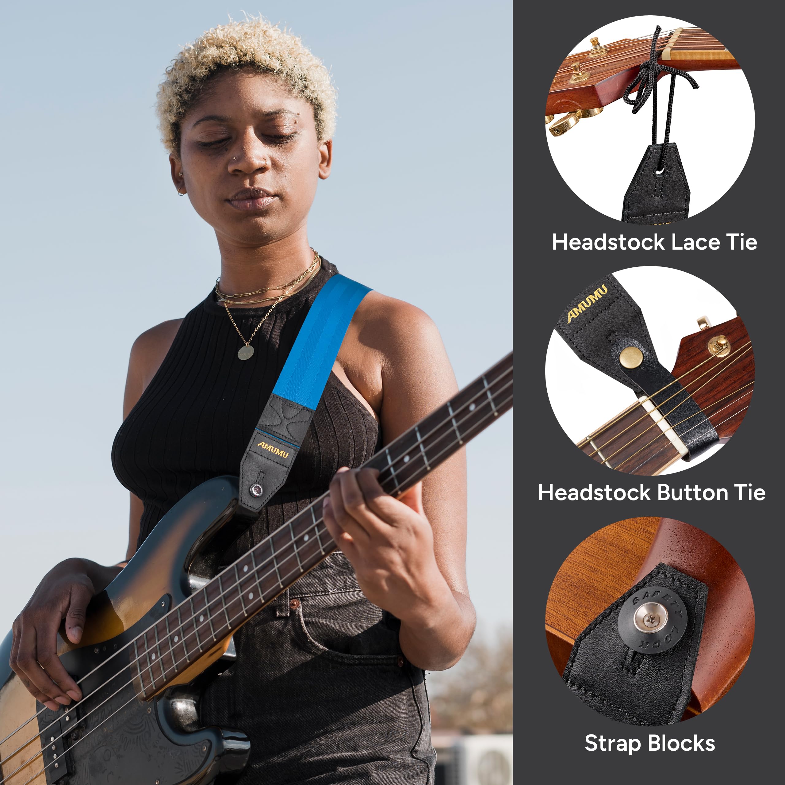 Amumu DURALINK Nylon Seatbelt Guitar Strap with Top Grain Leather Ends for Acoustic, Electric, Bass Guitar, with Quick-Fetch Pick Holder -Blue Blue - Image 2