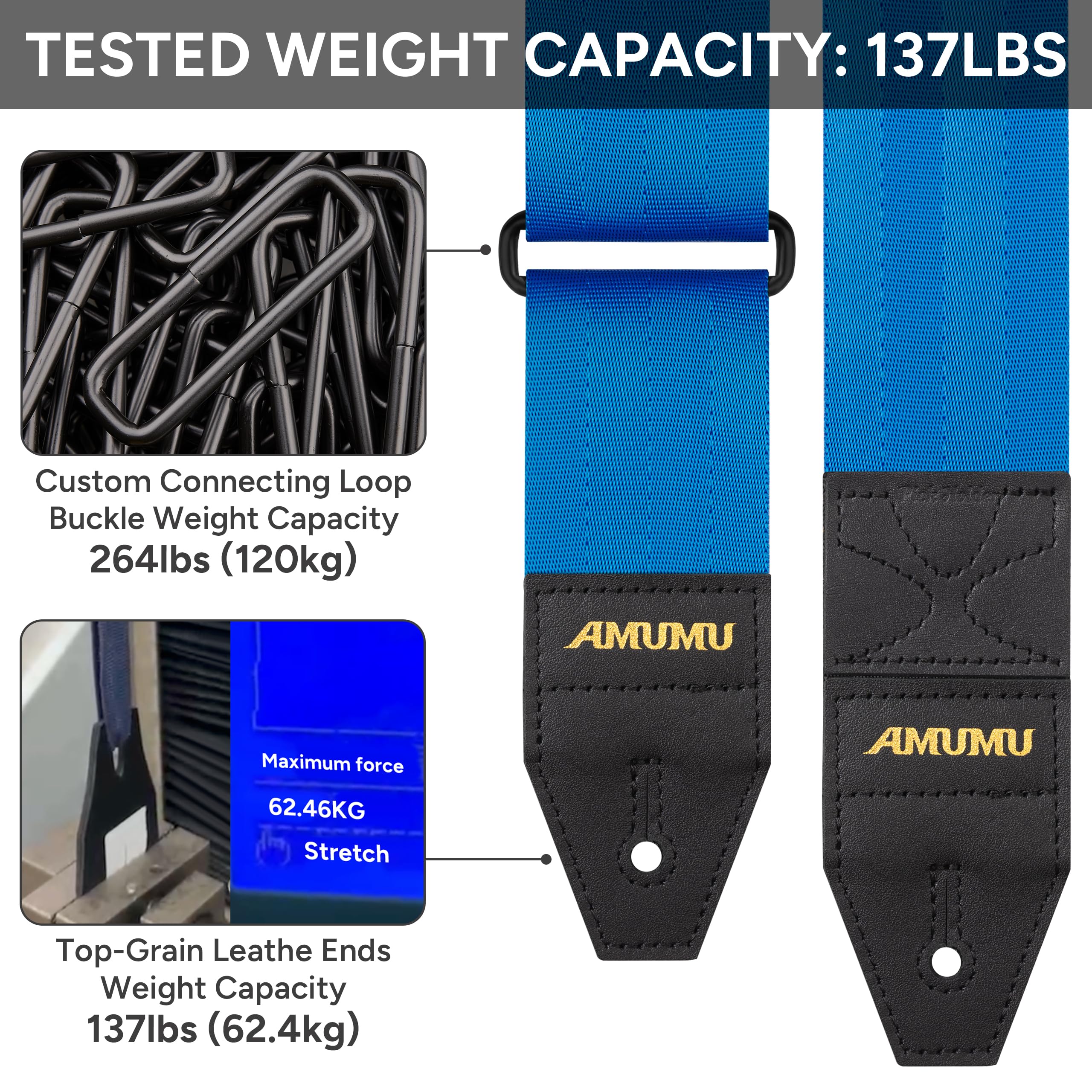 Amumu DURALINK Nylon Seatbelt Guitar Strap with Top Grain Leather Ends for Acoustic, Electric, Bass Guitar, with Quick-Fetch Pick Holder -Blue Blue - Image 3