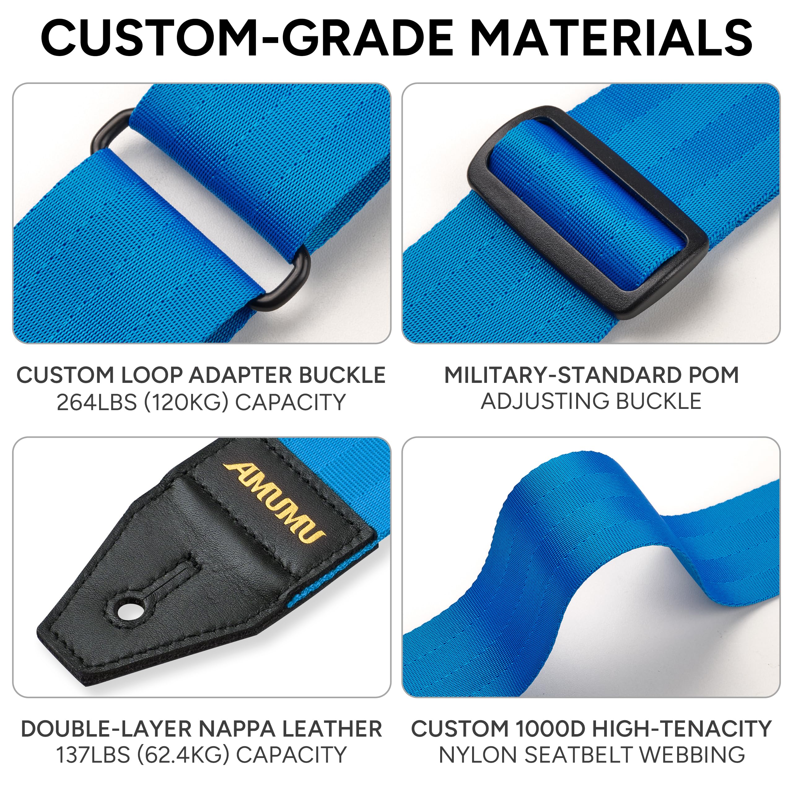Amumu DURALINK Nylon Seatbelt Guitar Strap with Top Grain Leather Ends for Acoustic, Electric, Bass Guitar, with Quick-Fetch Pick Holder -Blue Blue - Image 6