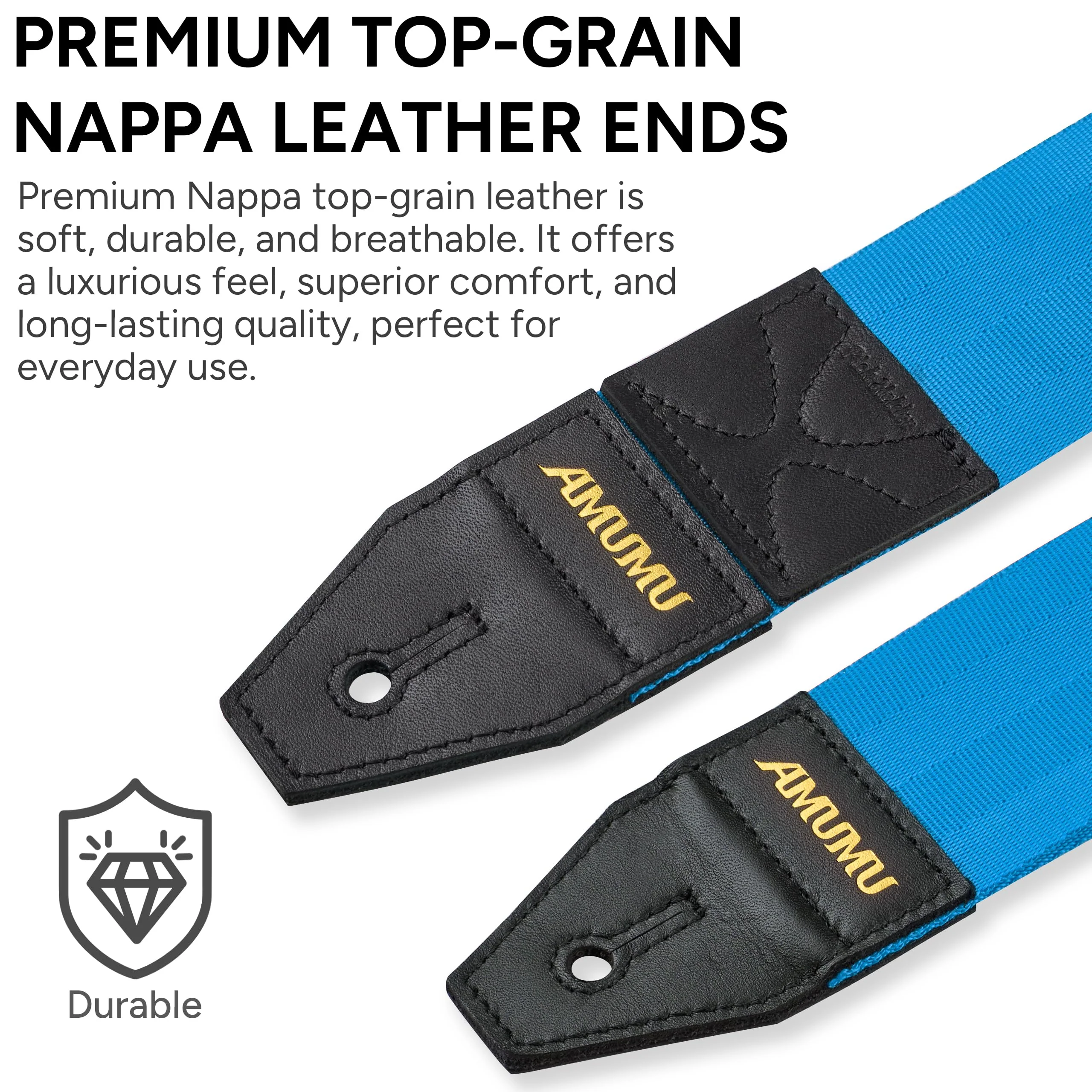 Amumu DURALINK Nylon Seatbelt Guitar Strap with Top Grain Leather Ends for Acoustic, Electric, Bass Guitar, with Quick-Fetch Pick Holder -Blue Blue - Image 7