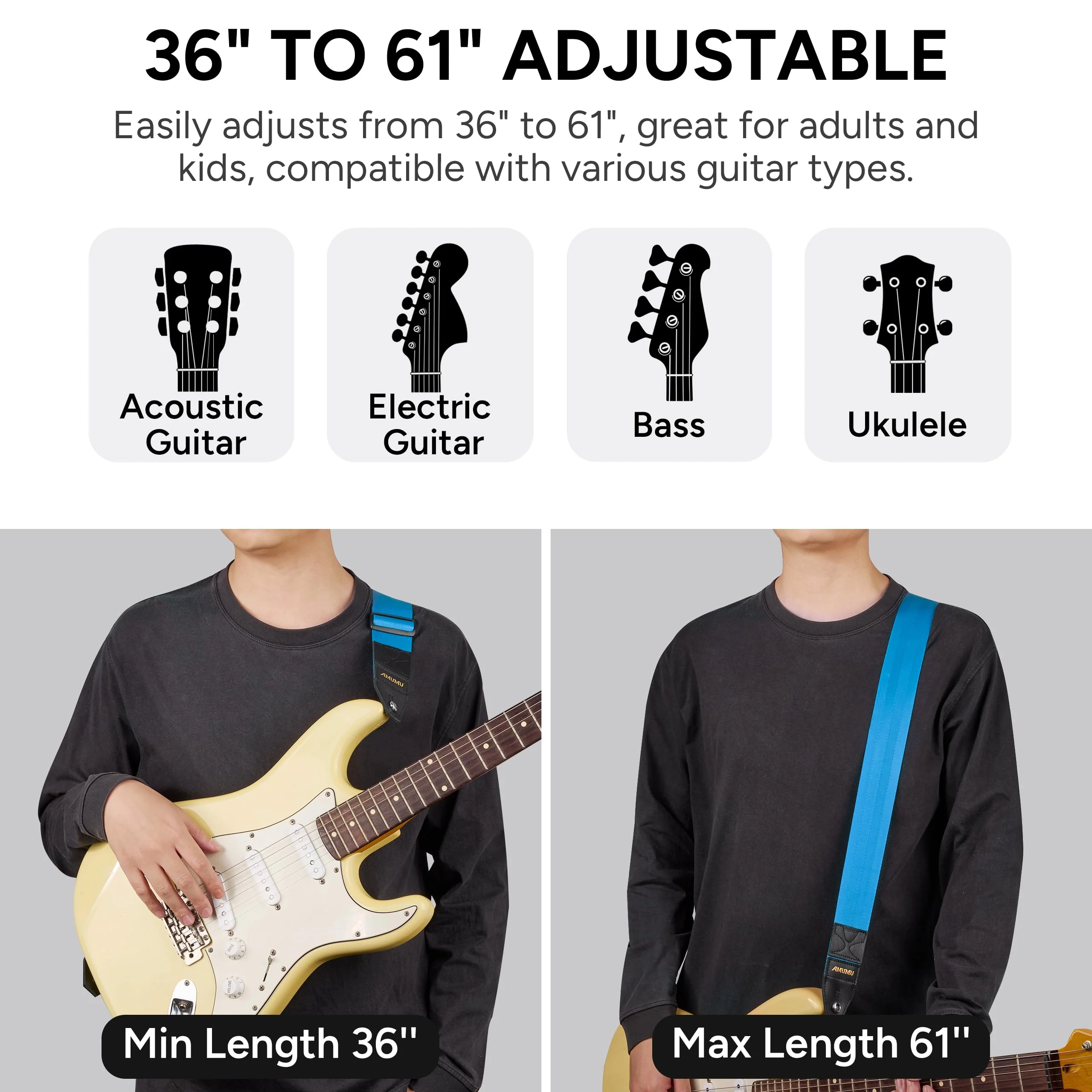 Amumu DURALINK Nylon Seatbelt Guitar Strap with Top Grain Leather Ends for Acoustic, Electric, Bass Guitar, with Quick-Fetch Pick Holder -Blue Blue - Image 8