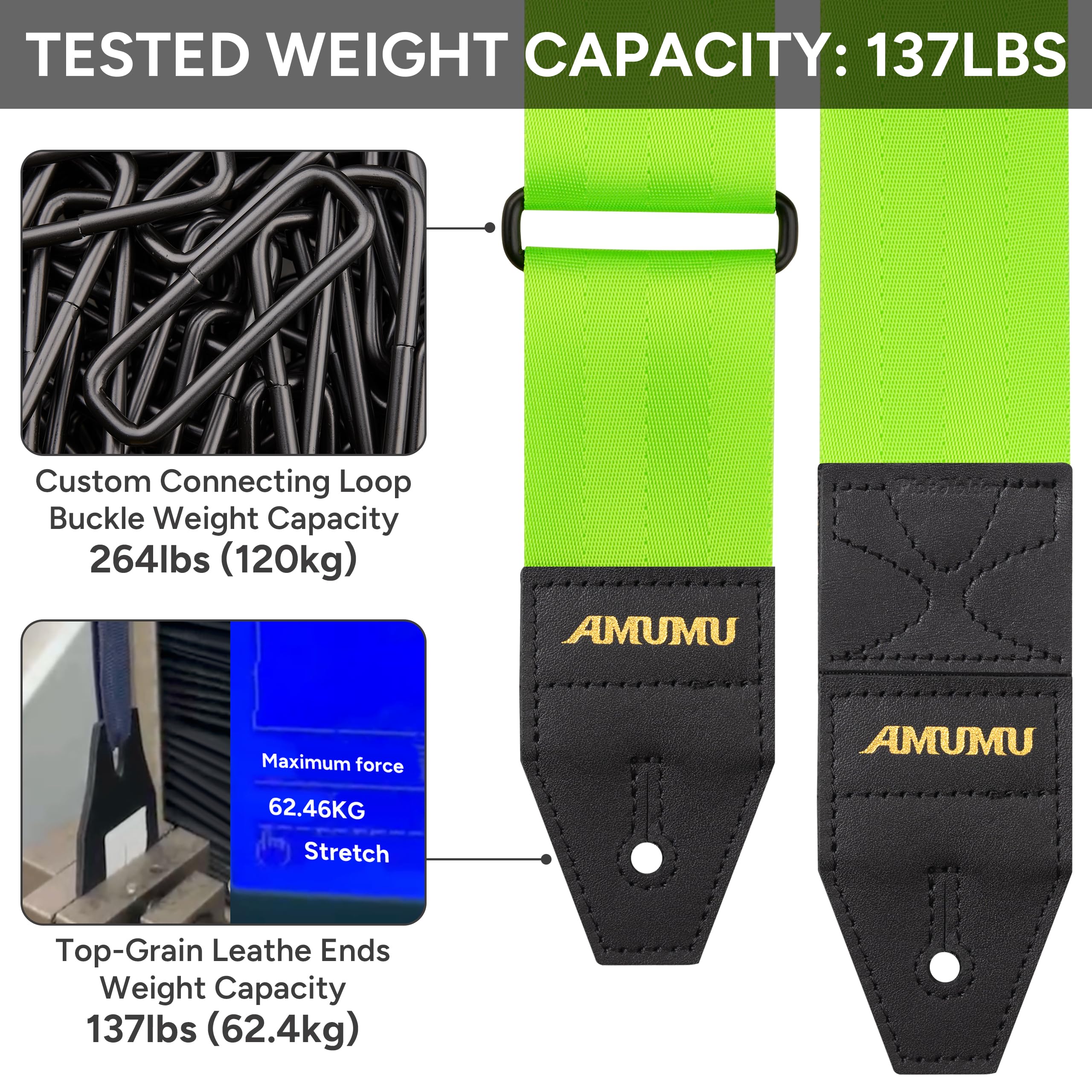 Amumu DURALINK Nylon Seatbelt Guitar Strap with Top Grain Leather Ends for Acoustic, Electric, Bass Guitar, with Quick-Fetch Pick Holder -Neo Green Neo Green - Image 2