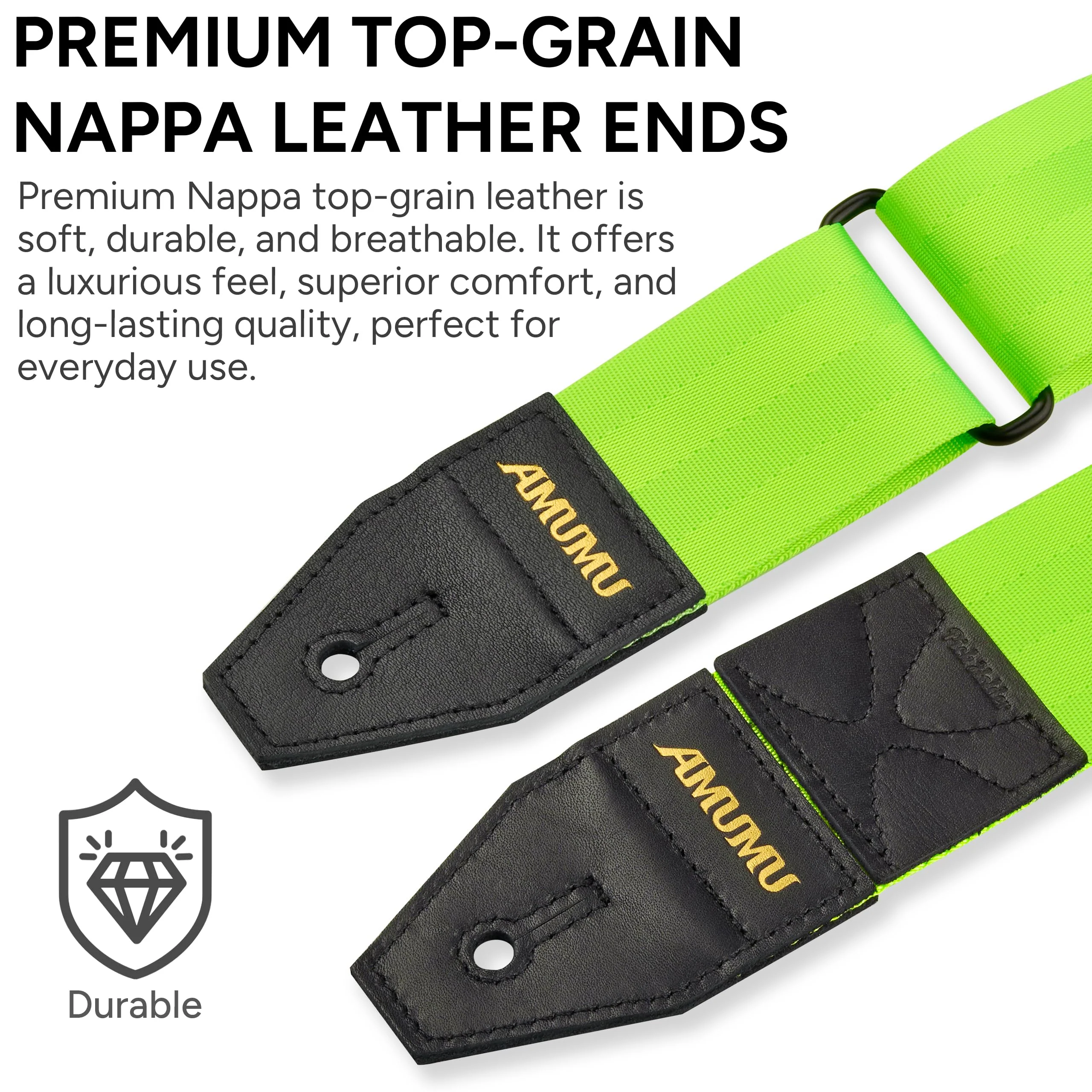 Amumu DURALINK Nylon Seatbelt Guitar Strap with Top Grain Leather Ends for Acoustic, Electric, Bass Guitar, with Quick-Fetch Pick Holder -Neo Green Neo Green - Image 3