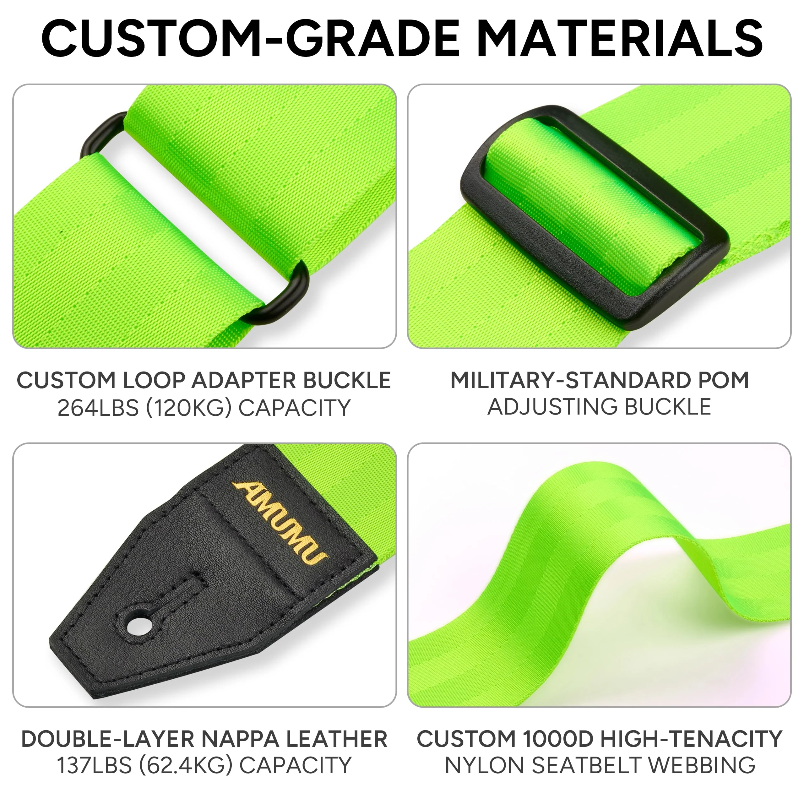 Amumu DURALINK Nylon Seatbelt Guitar Strap with Top Grain Leather Ends for Acoustic, Electric, Bass Guitar, with Quick-Fetch Pick Holder -Neo Green Neo Green - Image 4