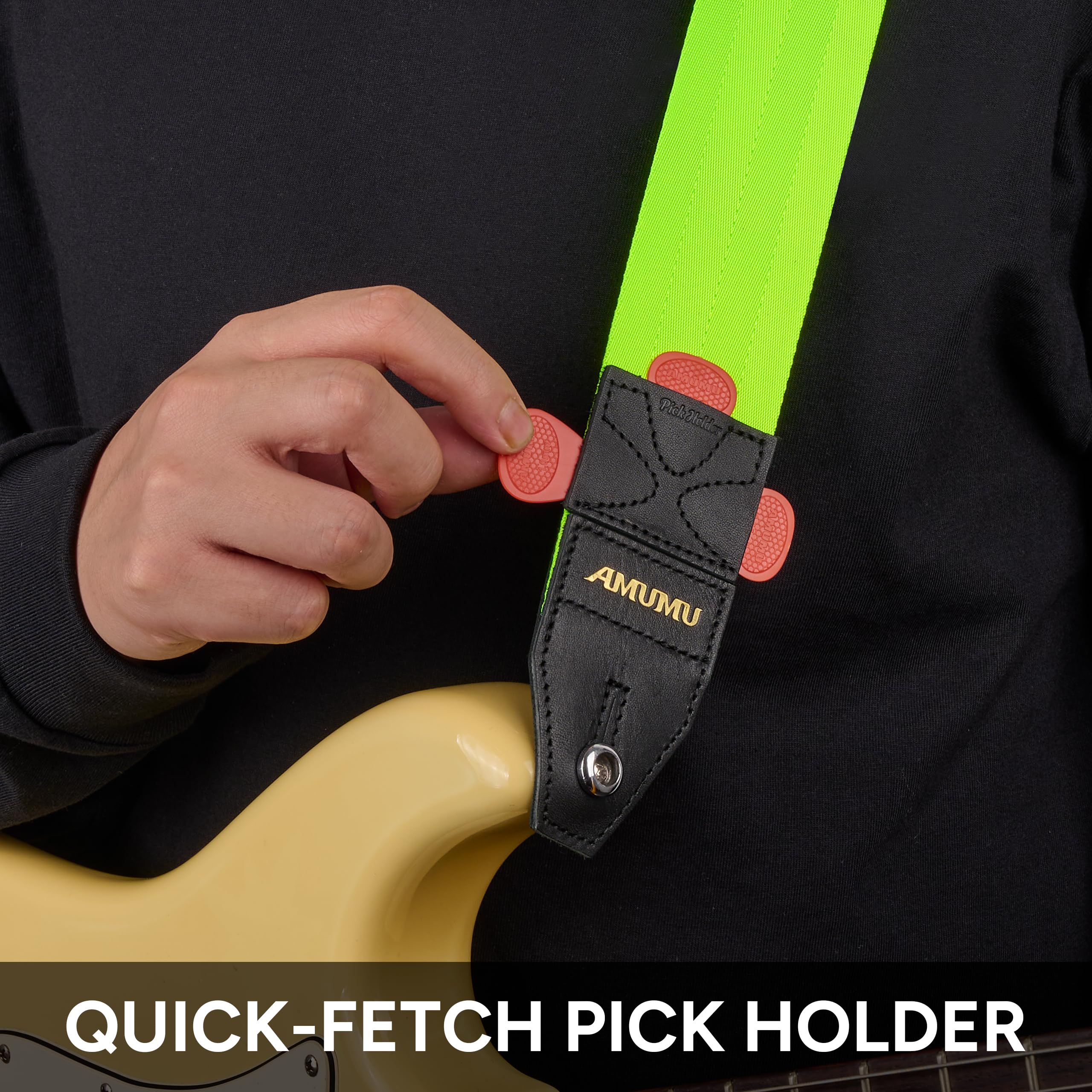 Amumu DURALINK Nylon Seatbelt Guitar Strap with Top Grain Leather Ends for Acoustic, Electric, Bass Guitar, with Quick-Fetch Pick Holder -Neo Green Neo Green - Image 5