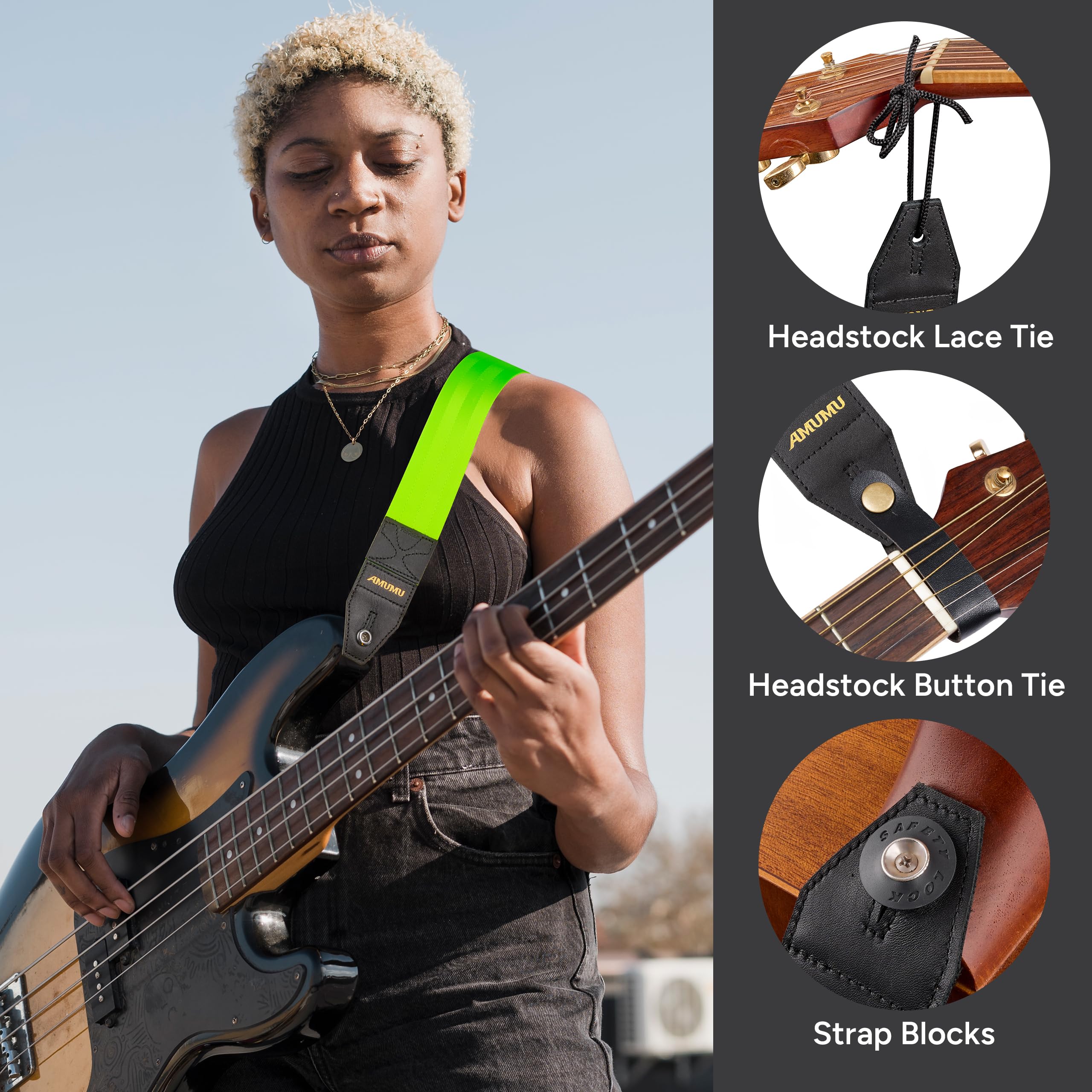 Amumu DURALINK Nylon Seatbelt Guitar Strap with Top Grain Leather Ends for Acoustic, Electric, Bass Guitar, with Quick-Fetch Pick Holder -Neo Green Neo Green - Image 7