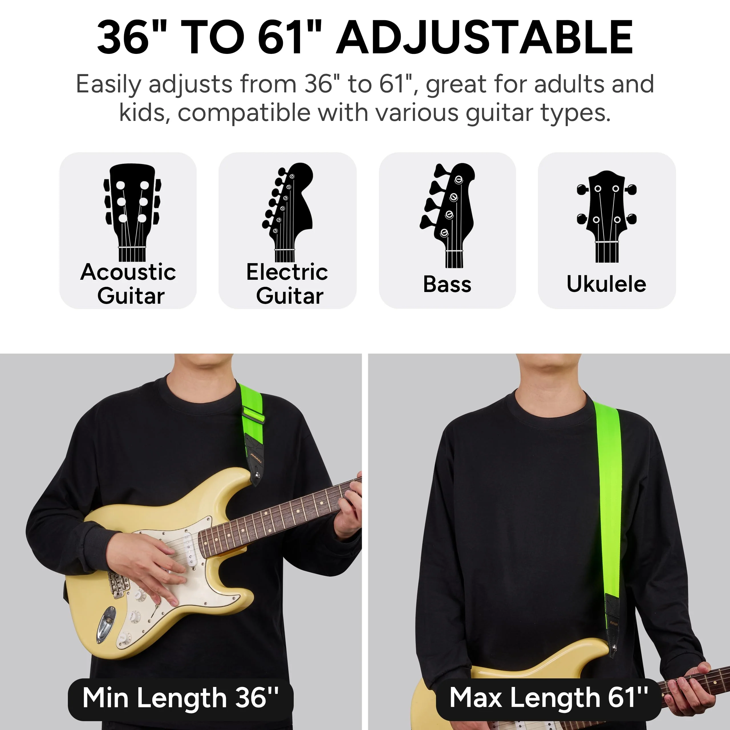 Amumu DURALINK Nylon Seatbelt Guitar Strap with Top Grain Leather Ends for Acoustic, Electric, Bass Guitar, with Quick-Fetch Pick Holder -Neo Green Neo Green - Image 8