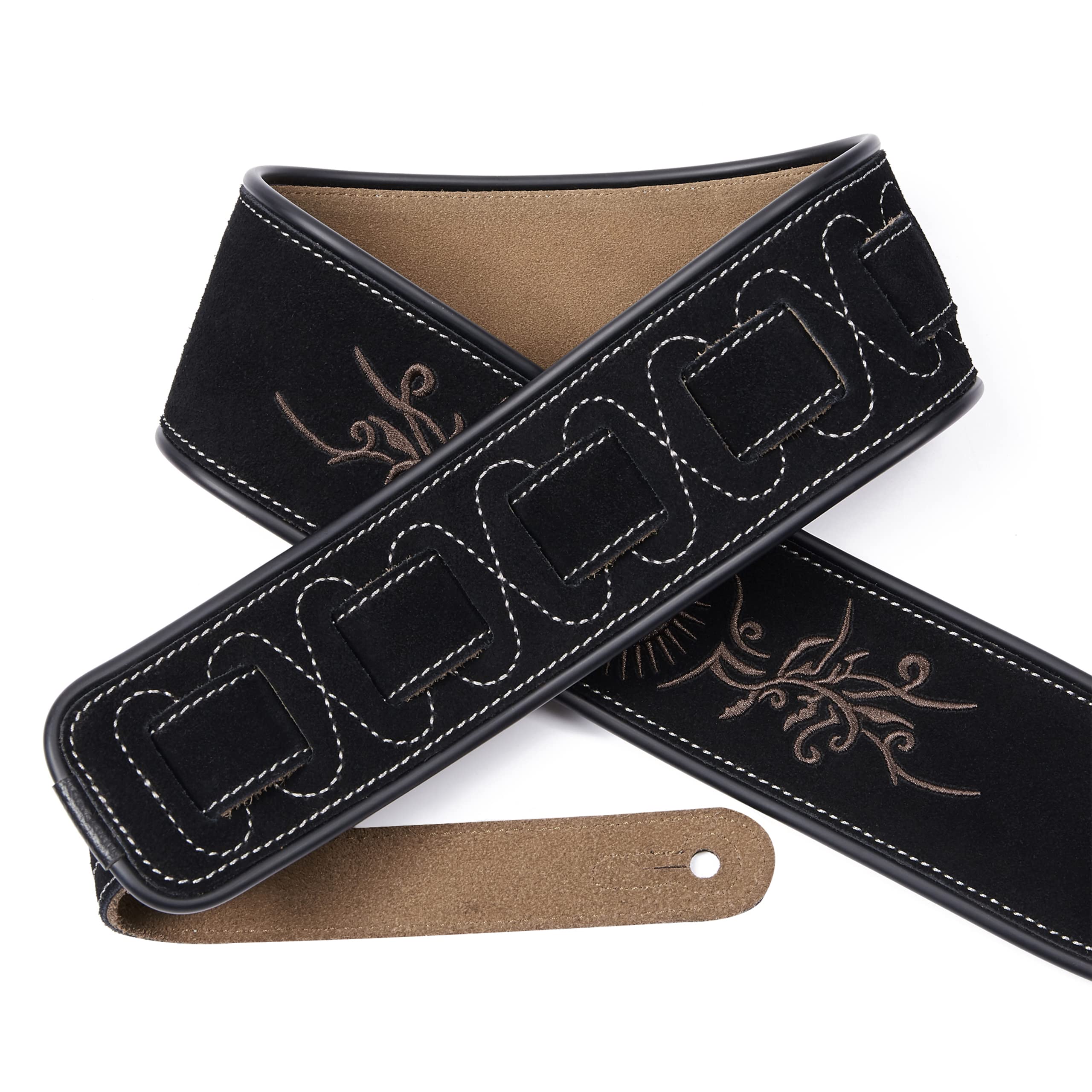 Amumu Embroidered Suede Leather Guitar Strap for Acoustic, Electric and Bass Guitar - Black Sun-flower Embroidered - Image 3