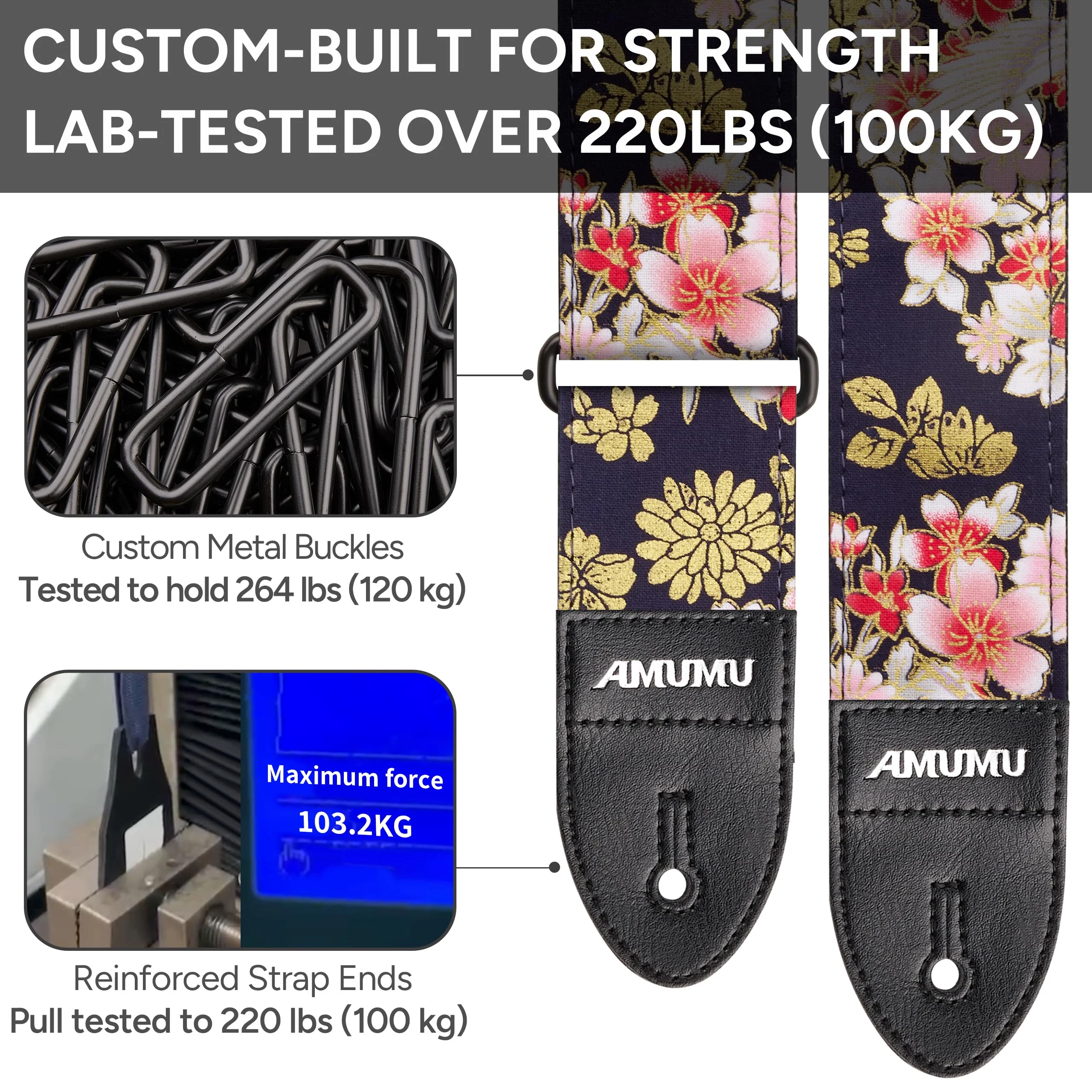 Amumu Guitar Strap – 2" Peony & Crane Pattern, Microfiber Leather Ends, for Acoustic, Electric, Bass Guitars, Adjustable 36" - 63" Peony Crane - Image 2