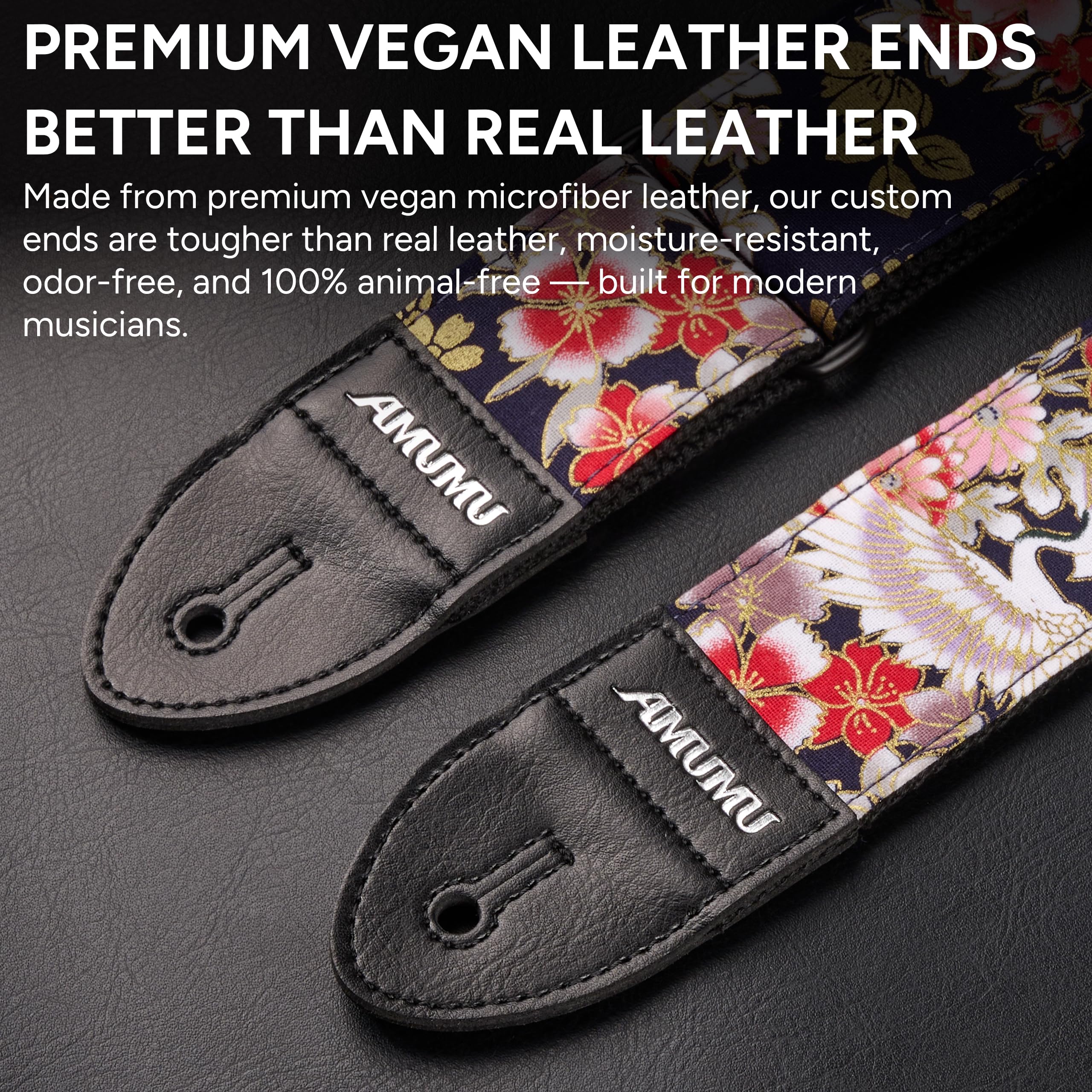 Amumu Guitar Strap – 2" Peony & Crane Pattern, Microfiber Leather Ends, for Acoustic, Electric, Bass Guitars, Adjustable 36" - 63" Peony Crane - Image 3