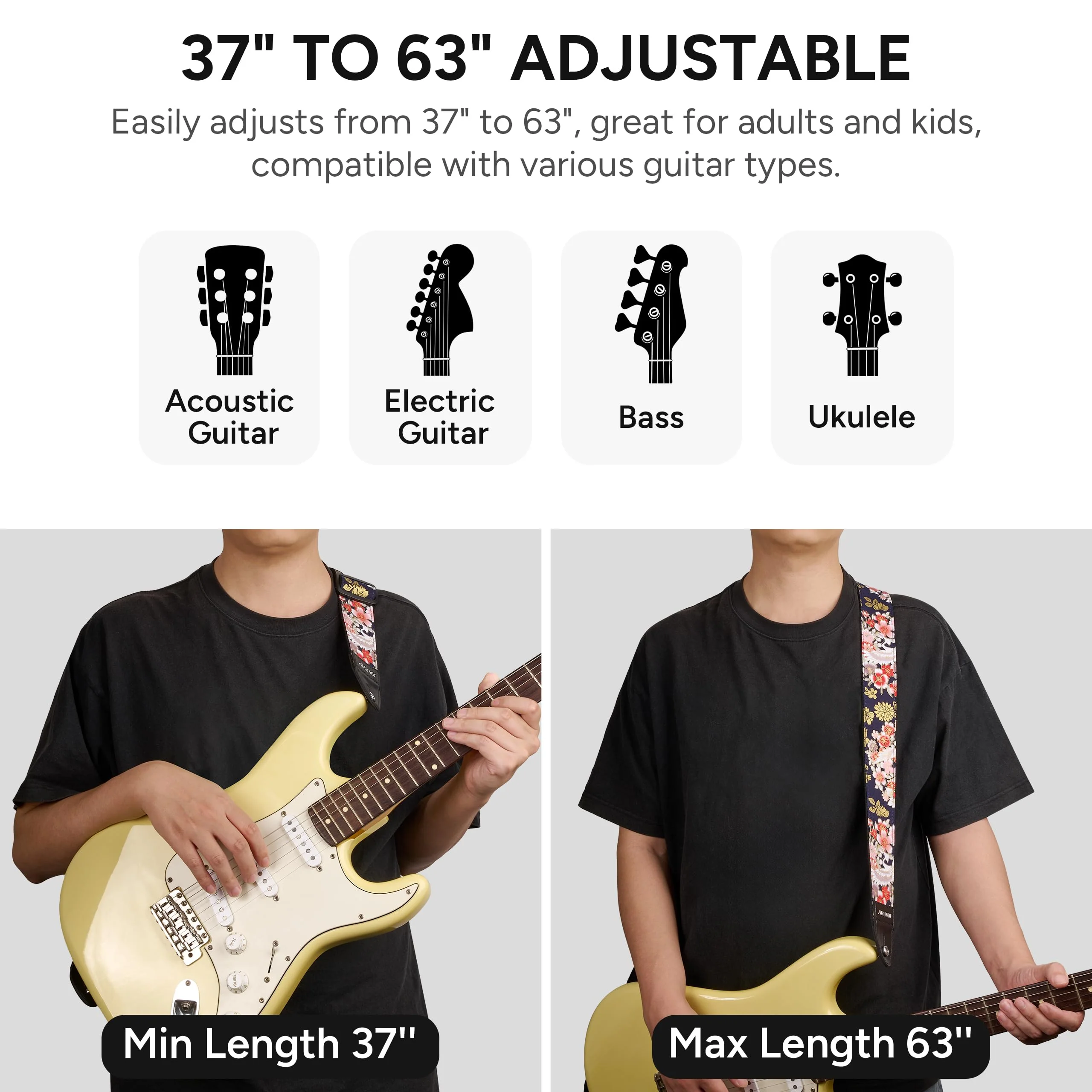Amumu Guitar Strap – 2" Peony & Crane Pattern, Microfiber Leather Ends, for Acoustic, Electric, Bass Guitars, Adjustable 36" - 63" Peony Crane - Image 4