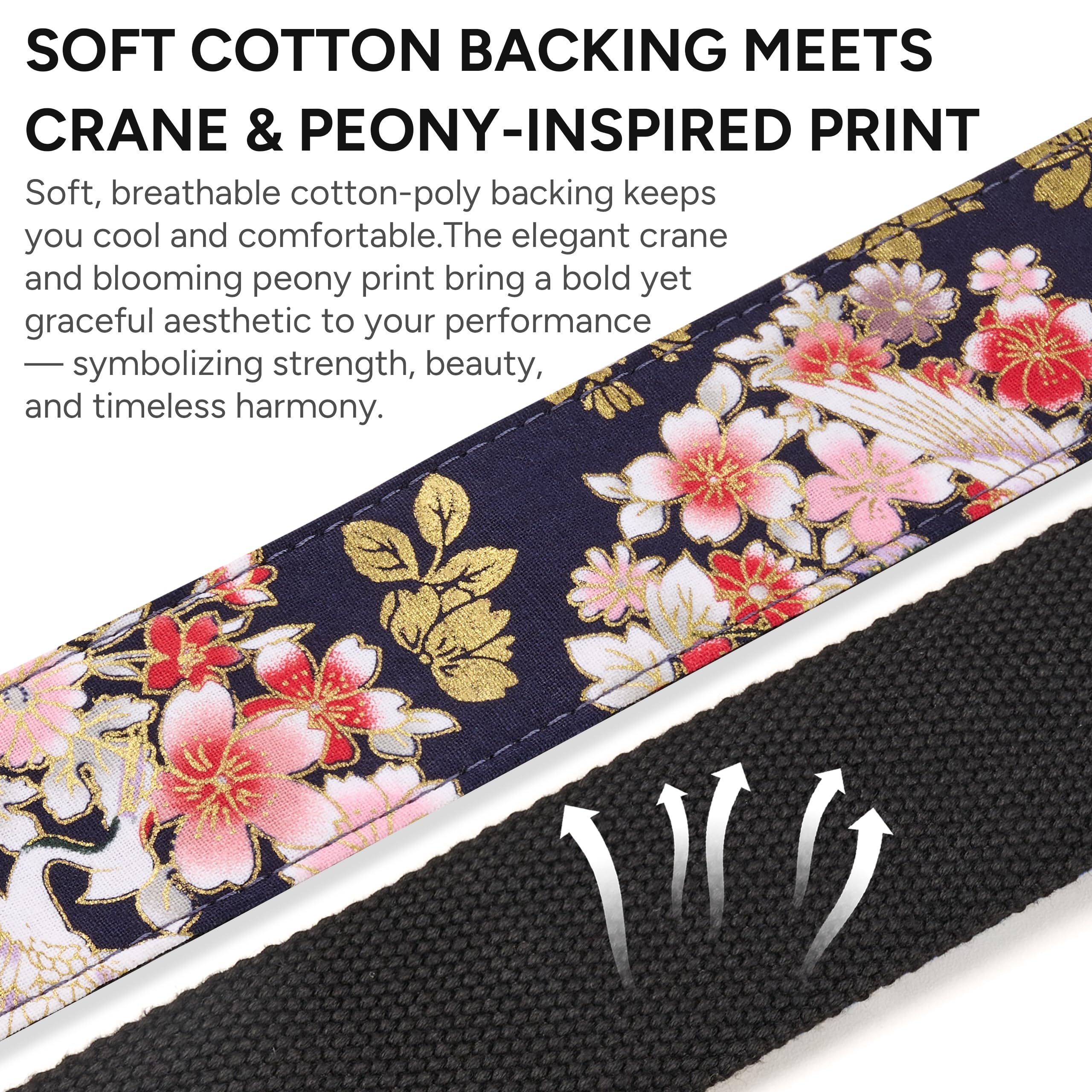 Amumu Guitar Strap – 2" Peony & Crane Pattern, Microfiber Leather Ends, for Acoustic, Electric, Bass Guitars, Adjustable 36" - 63" Peony Crane - Image 5