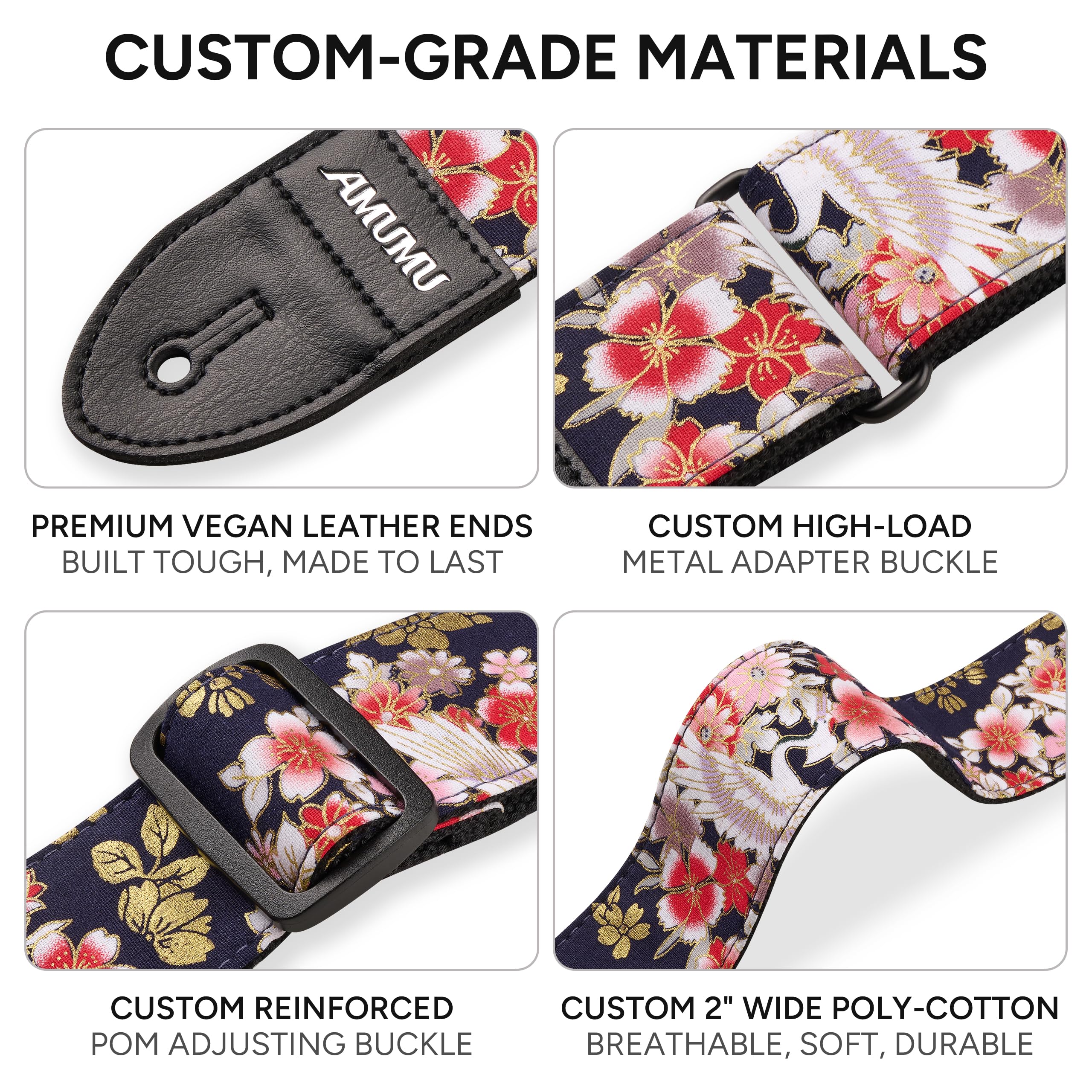 Amumu Guitar Strap – 2" Peony & Crane Pattern, Microfiber Leather Ends, for Acoustic, Electric, Bass Guitars, Adjustable 36" - 63" Peony Crane - Image 6