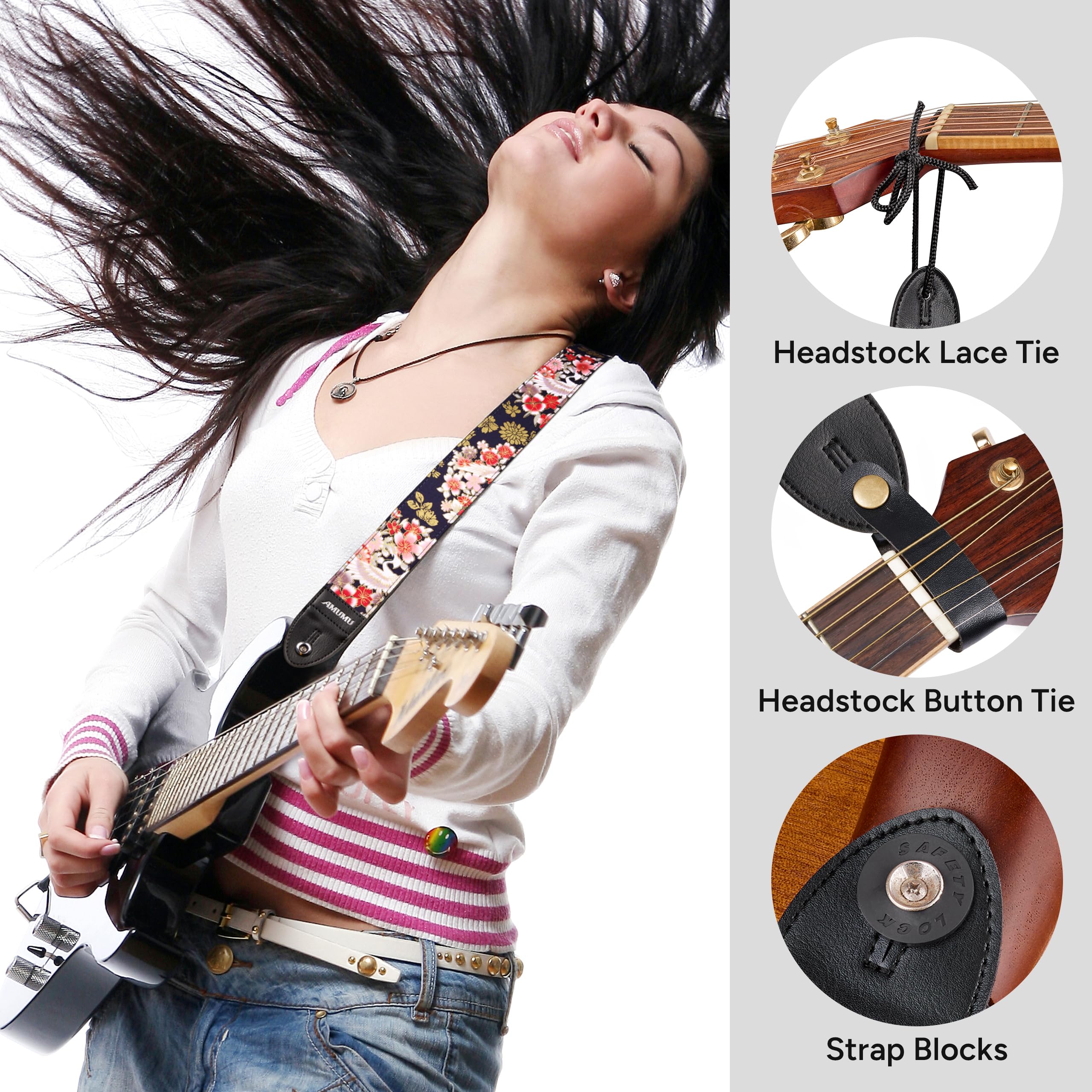 Amumu Guitar Strap – 2" Peony & Crane Pattern, Microfiber Leather Ends, for Acoustic, Electric, Bass Guitars, Adjustable 36" - 63" Peony Crane - Image 7
