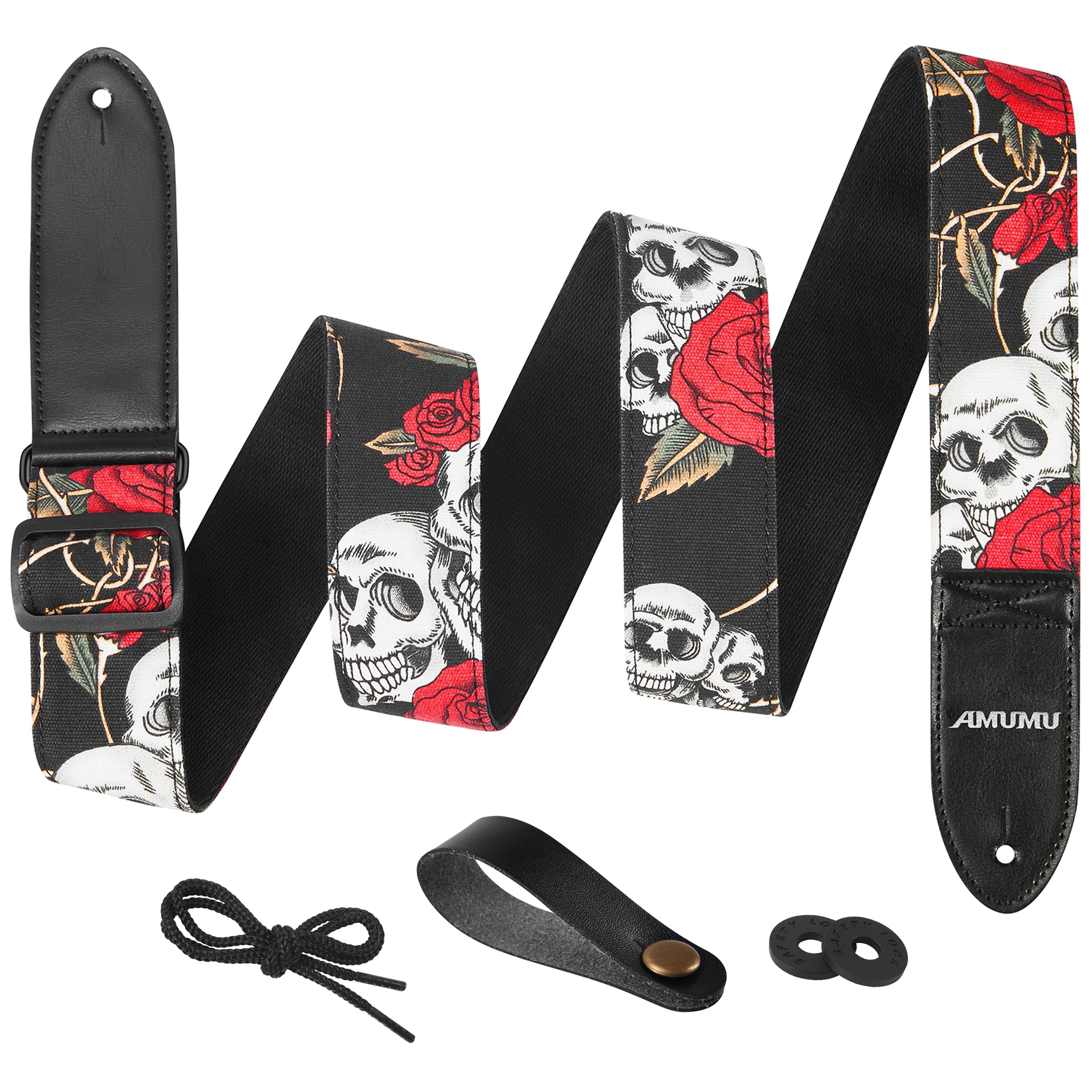Amumu Guitar Strap – 2" Rose SKull Pattern for Acoustic, Electric and Bass Guitars, Adjustable 36'' - 63" - Image 2