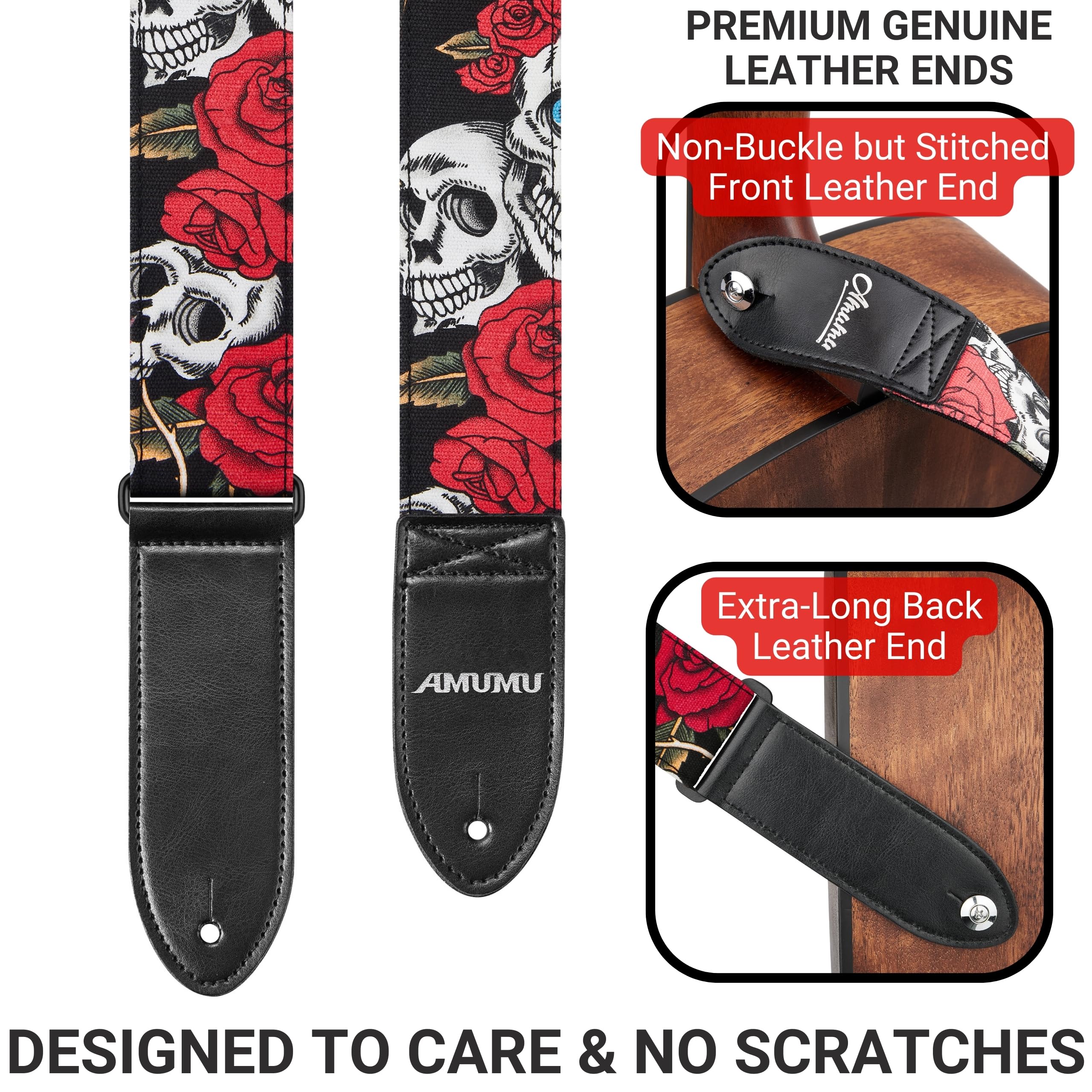 Amumu Guitar Strap – 2" Rose SKull Pattern for Acoustic, Electric and Bass Guitars, Adjustable 36'' - 63" - Image 3