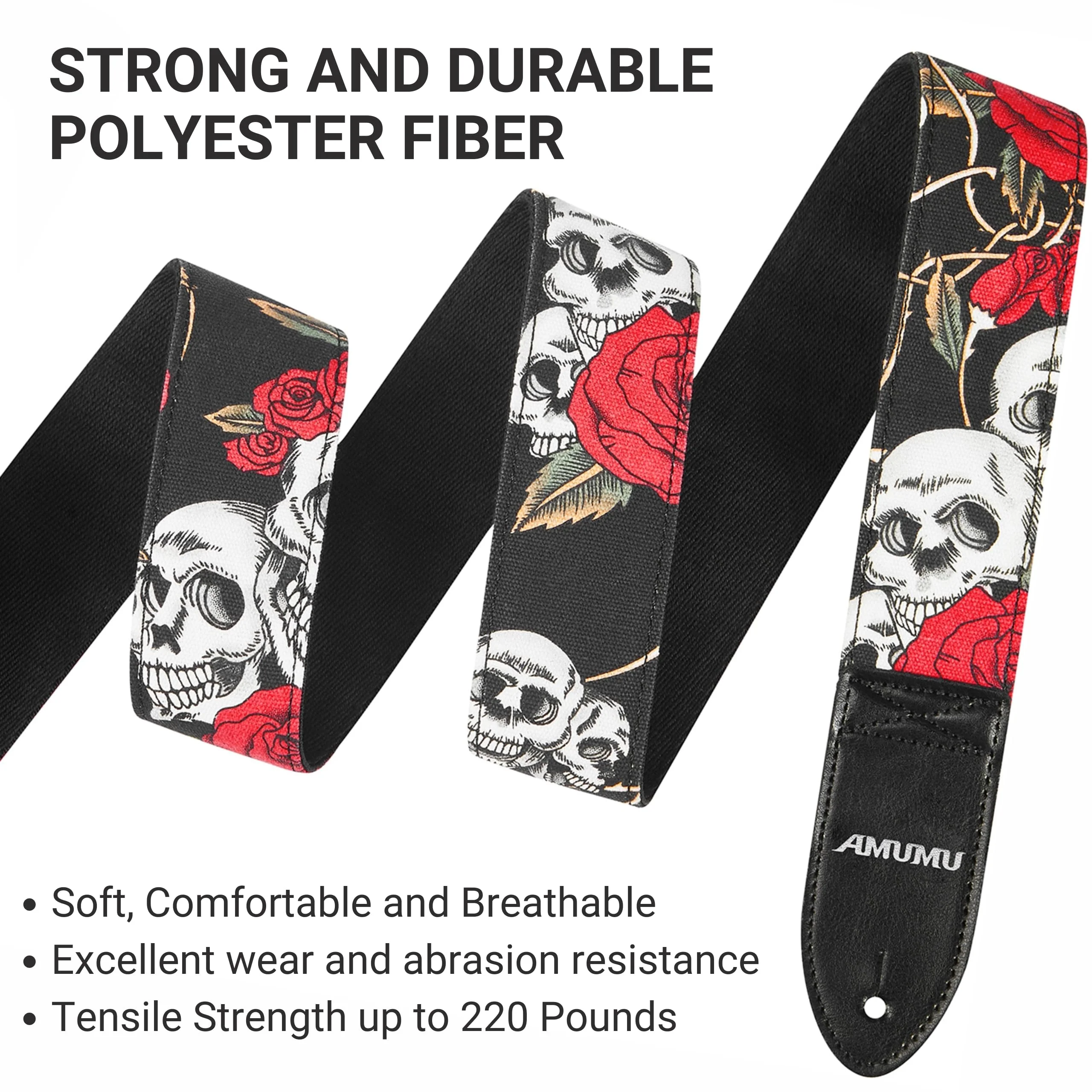 Amumu Guitar Strap – 2" Rose SKull Pattern for Acoustic, Electric and Bass Guitars, Adjustable 36'' - 63" - Image 4