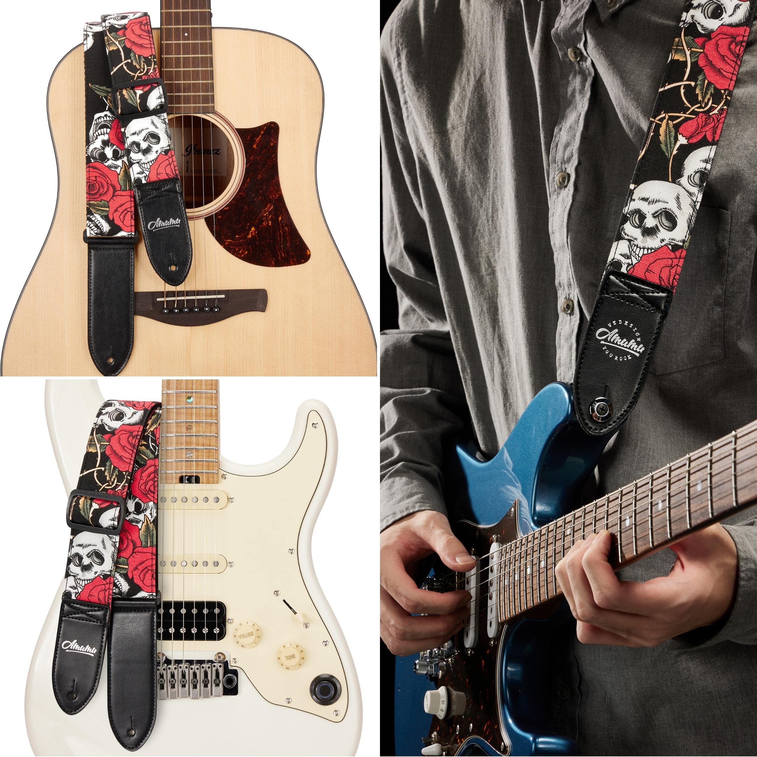 Amumu Guitar Strap – 2" Rose SKull Pattern for Acoustic, Electric and Bass Guitars, Adjustable 36'' - 63" - Image 5