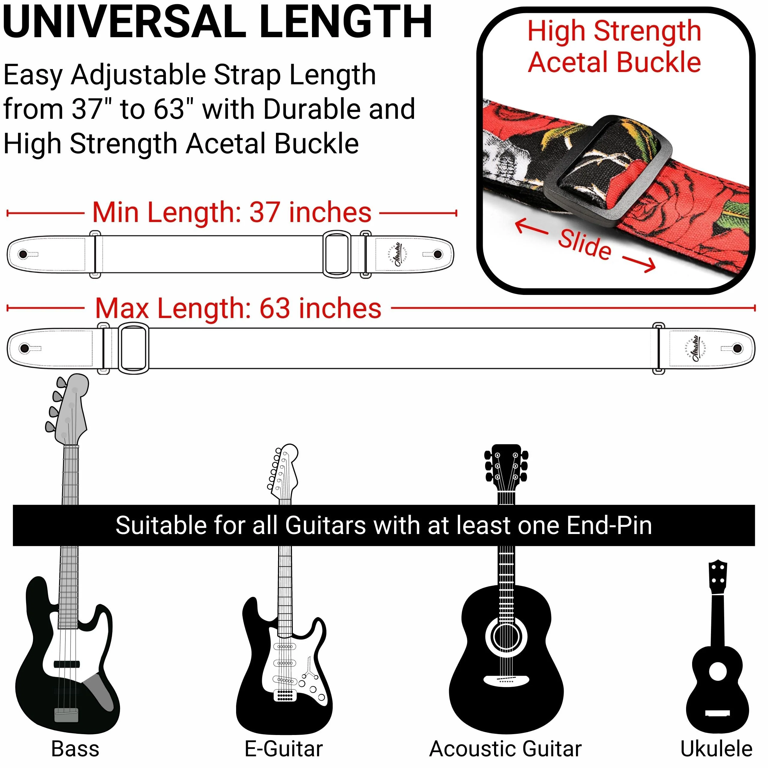Amumu Guitar Strap – 2" Rose SKull Pattern for Acoustic, Electric and Bass Guitars, Adjustable 36'' - 63" - Image 6