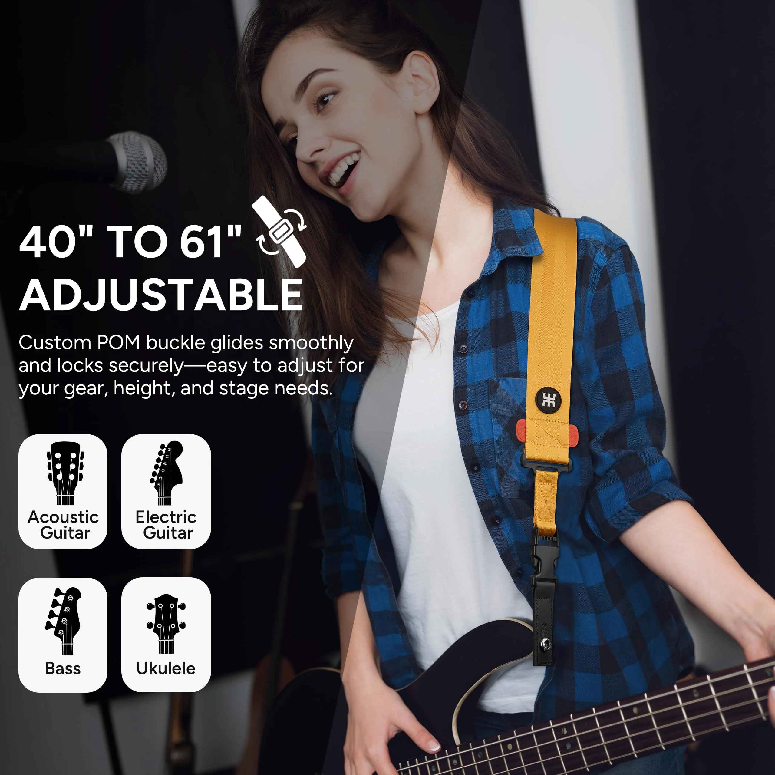Amumu SNAPLOCK Guitar Strap with Clip - Metallic Gold Nylon for Acoustic, Electric & Bass Guitar - 2" Wide - Image 8