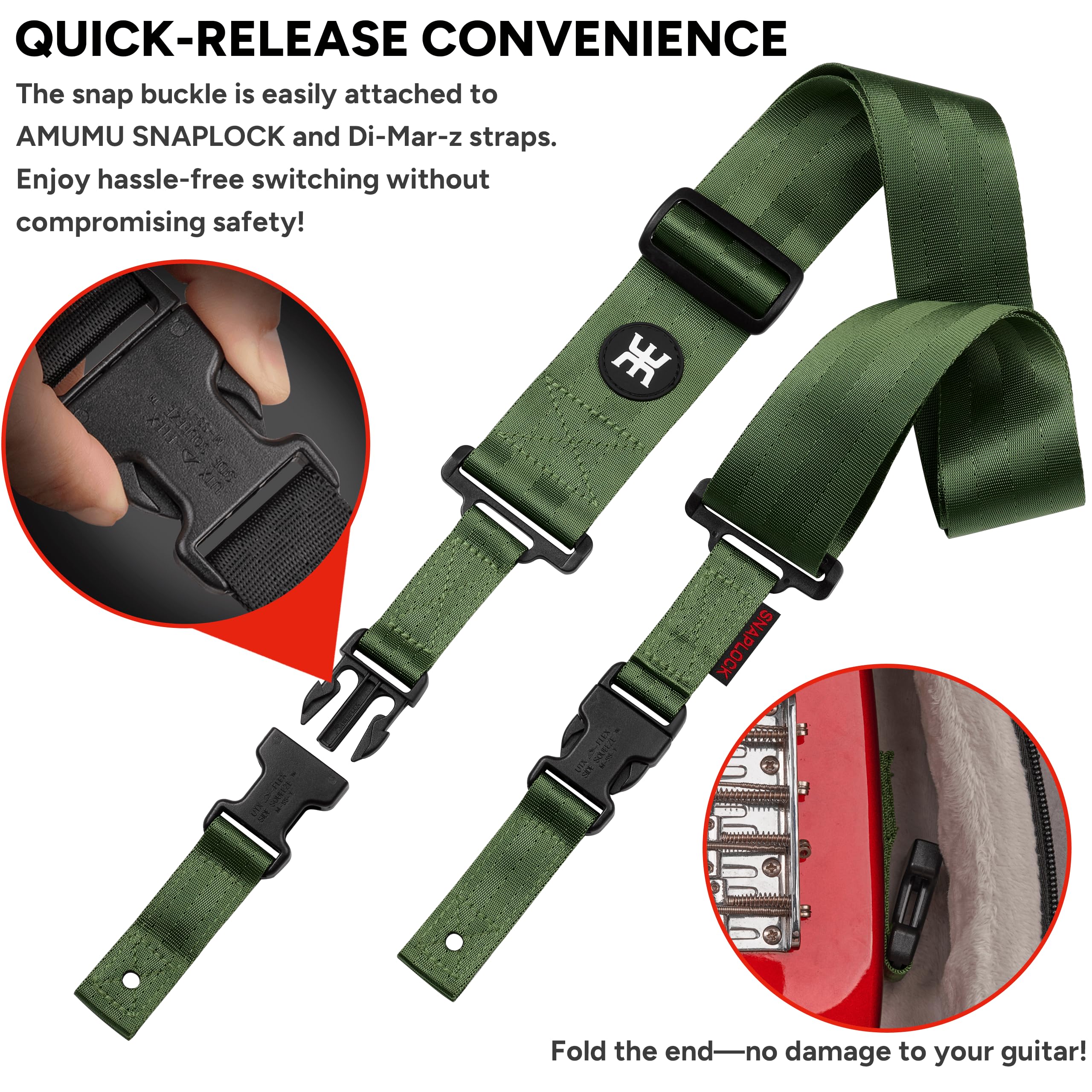 Amumu SNAPLOCK Pro Guitar Strap - Quick-Release Buckle, Screw Fasten Ends, Quick-Fetch Pick Holder, Adjustable 38"-57", Fits Bass, Electric Guitars, Gift for Guitarists, Army Green - Image 2