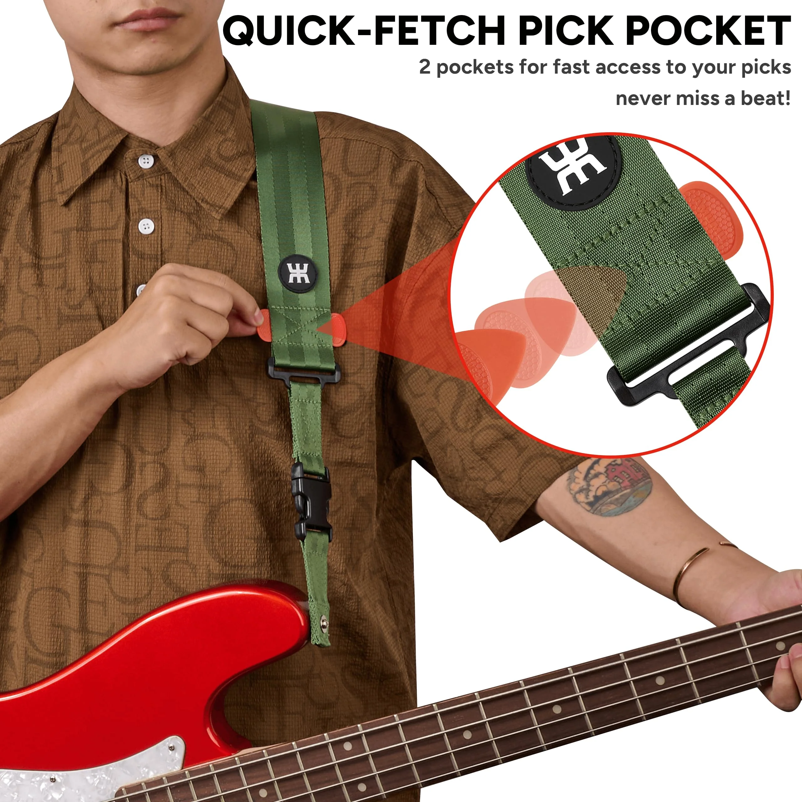 Amumu SNAPLOCK Pro Guitar Strap - Quick-Release Buckle, Screw Fasten Ends, Quick-Fetch Pick Holder, Adjustable 38"-57", Fits Bass, Electric Guitars, Gift for Guitarists, Army Green - Image 4