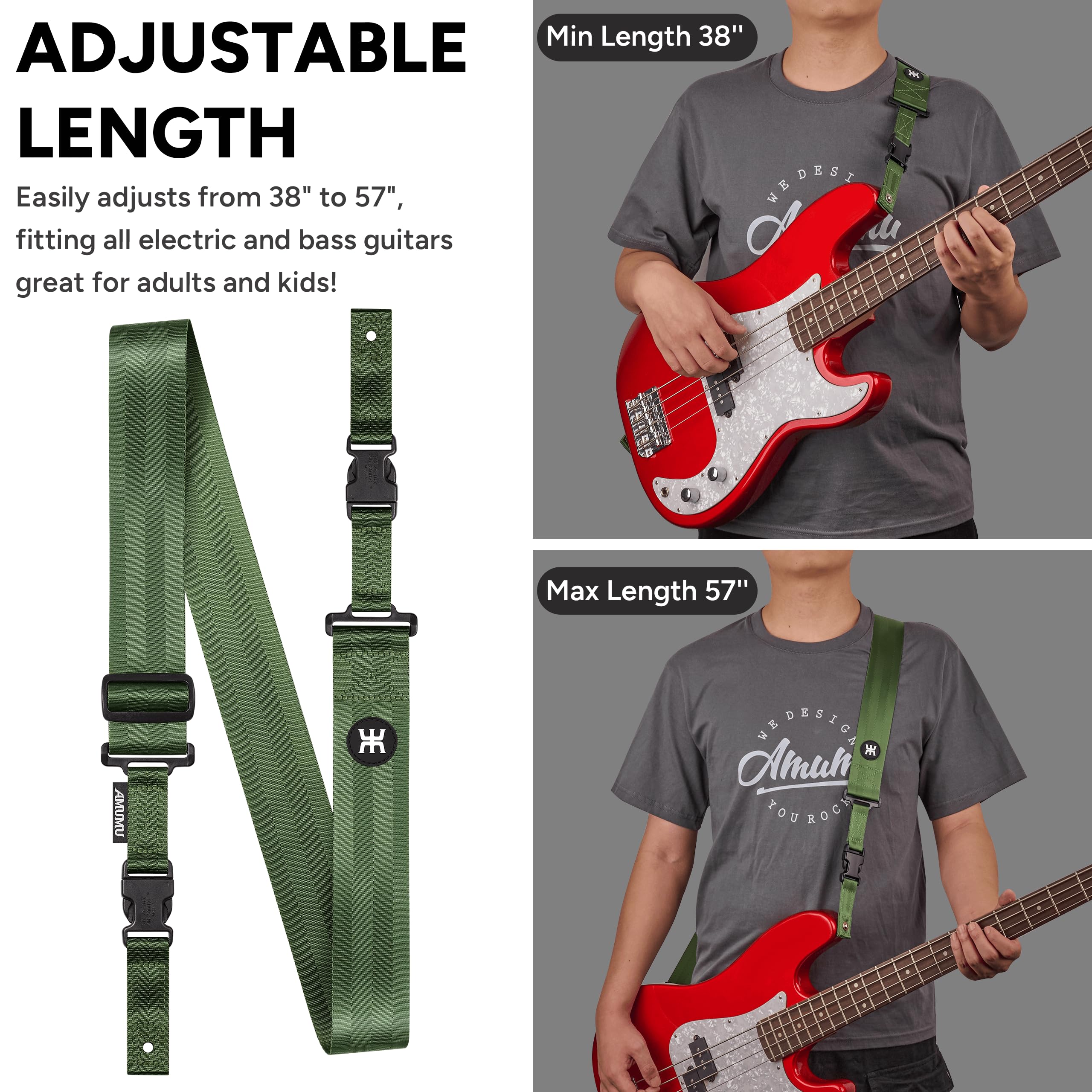 Amumu SNAPLOCK Pro Guitar Strap - Quick-Release Buckle, Screw Fasten Ends, Quick-Fetch Pick Holder, Adjustable 38"-57", Fits Bass, Electric Guitars, Gift for Guitarists, Army Green - Image 7