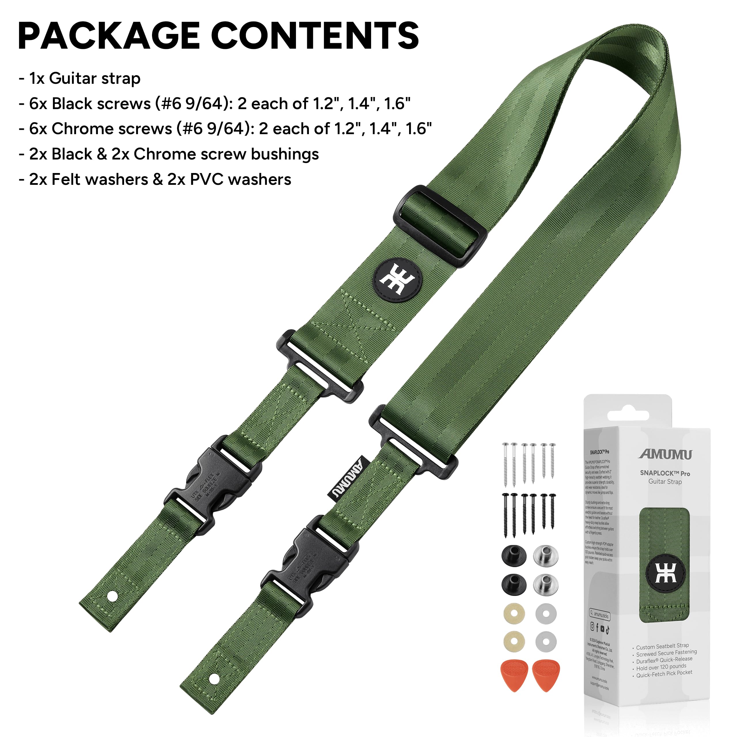 Amumu SNAPLOCK Pro Guitar Strap - Quick-Release Buckle, Screw Fasten Ends, Quick-Fetch Pick Holder, Adjustable 38"-57", Fits Bass, Electric Guitars, Gift for Guitarists, Army Green - Image 8