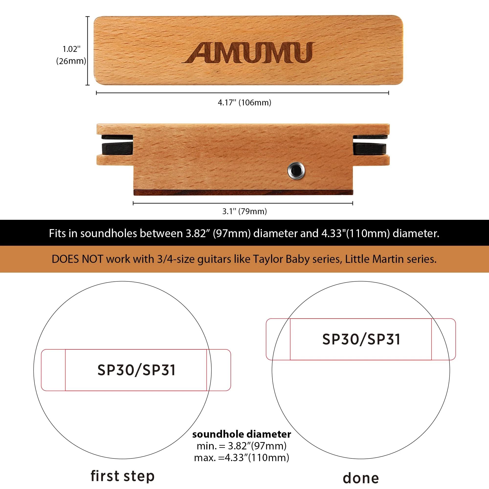 AMUMU SP30 Woody Magnetic Soundhole Pickup, For Steel String Acoustic Guitars Single Coil, Includes a free studio-grade Audio cable,Warm Acoustic Tone, Low Noise. 10ft Cable - 1/4'' male plug - Image 2