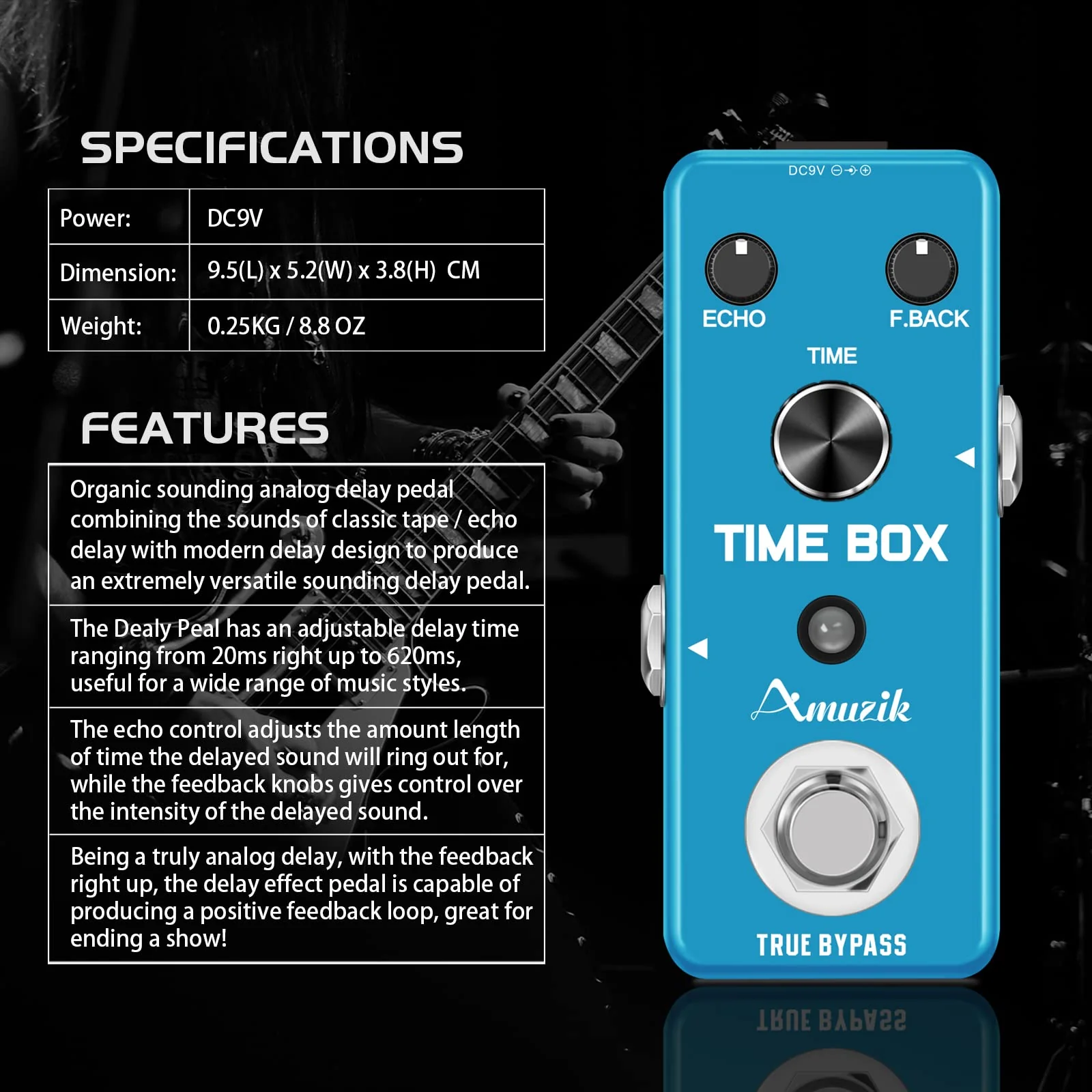 Amuzik Analog Delay Pedal Guitar Delay Effects Pedals Vintage Delay Effect with True Bypass Full Metal Shell Switching - Image 2
