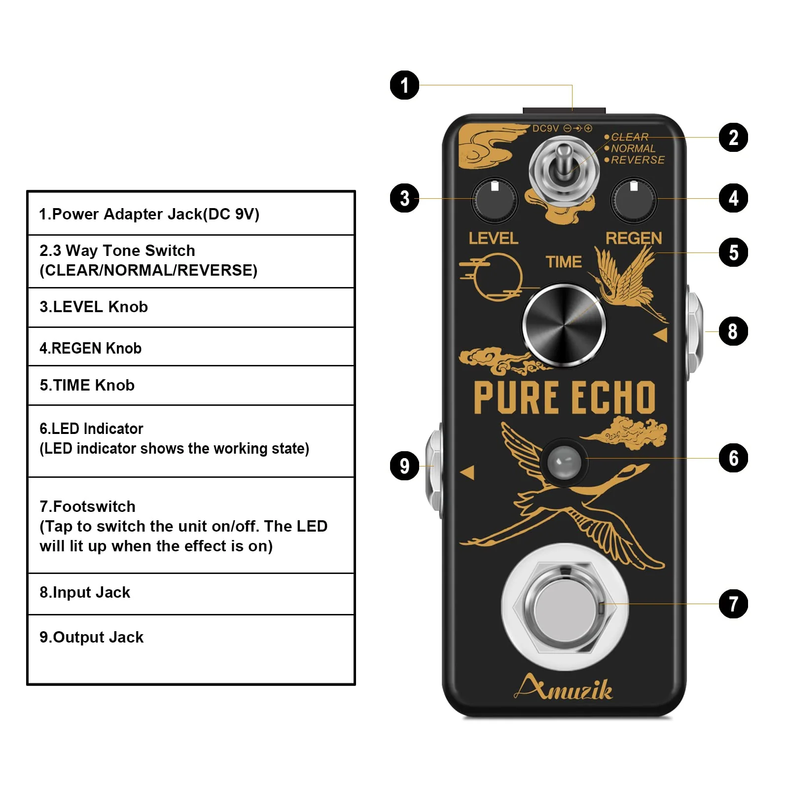 Amuzik Pure Echo Guitar Effect Pedal Analog Digital Delay Effects Pedals for Clear Normal Reverse 3 Modes with Ture Bypass Mini Size - Image 2