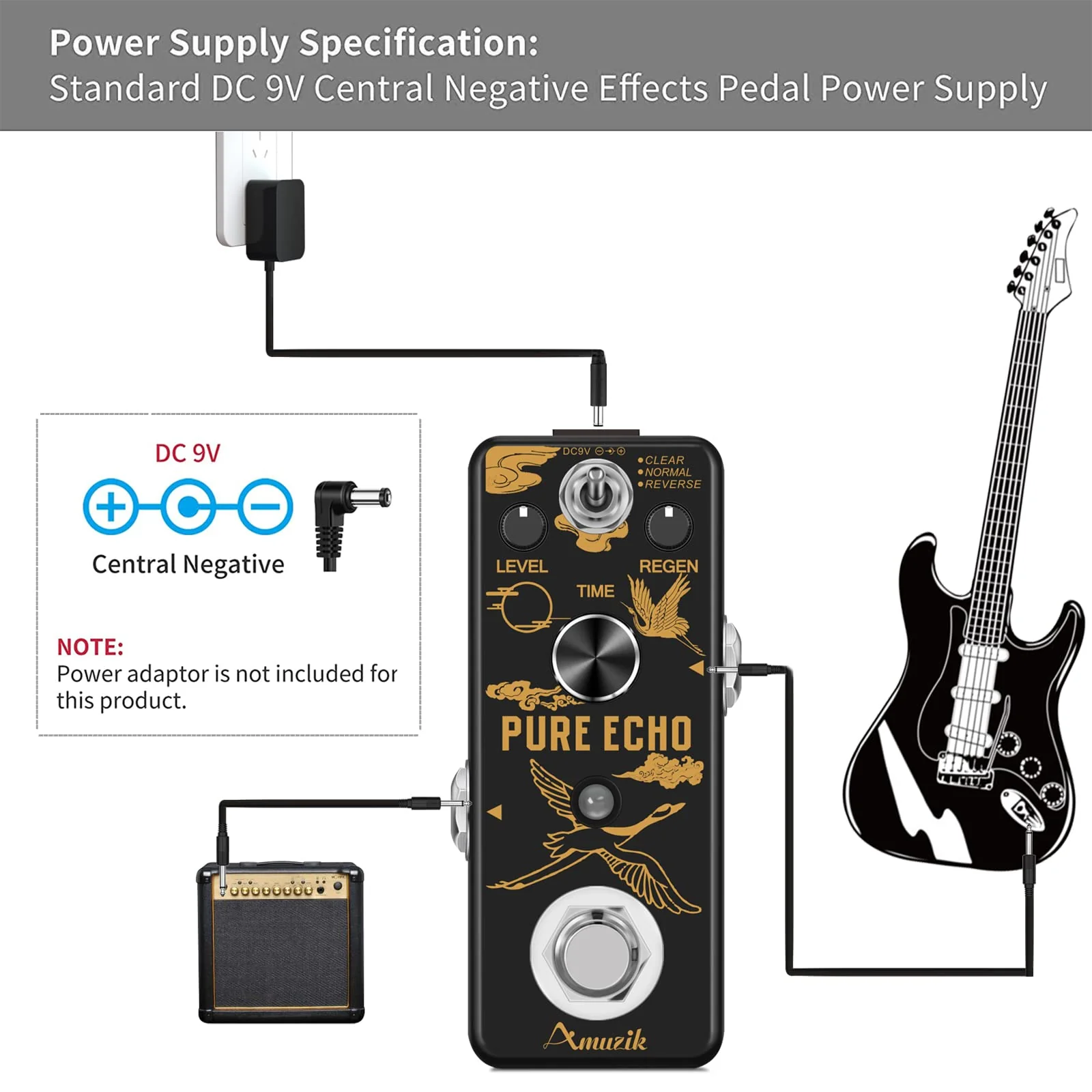 Amuzik Pure Echo Guitar Effect Pedal Analog Digital Delay Effects Pedals for Clear Normal Reverse 3 Modes with Ture Bypass Mini Size - Image 5