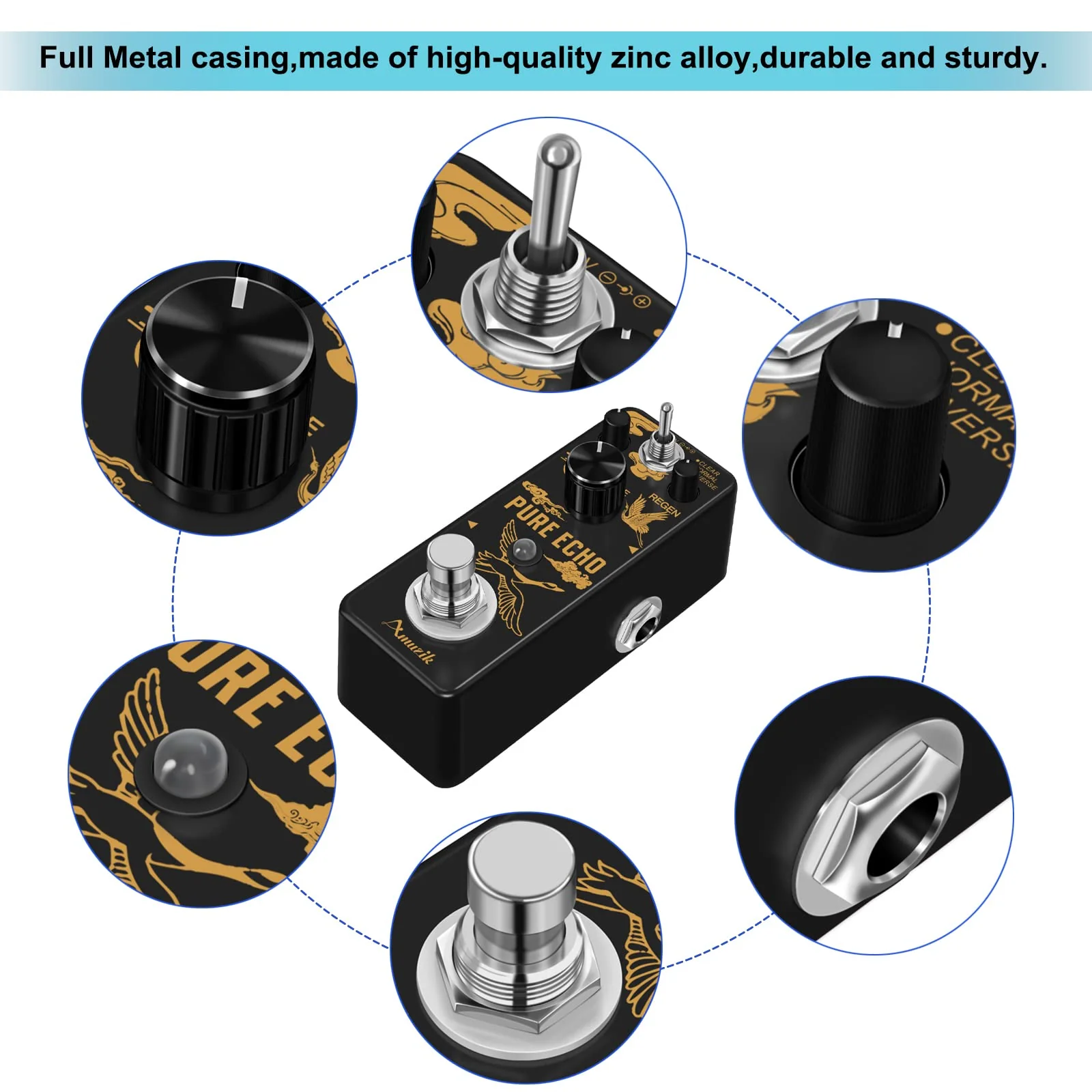 Amuzik Pure Echo Guitar Effect Pedal Analog Digital Delay Effects Pedals for Clear Normal Reverse 3 Modes with Ture Bypass Mini Size - Image 7