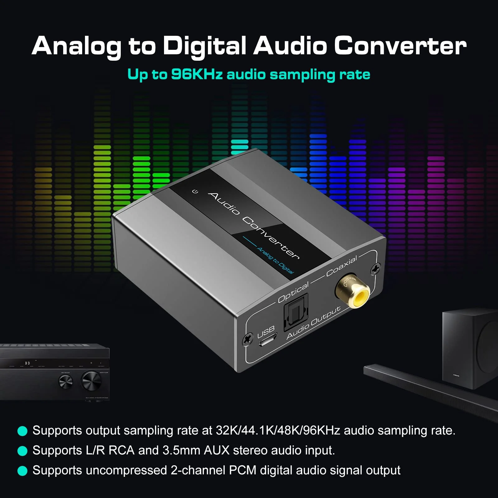 Analog to Digital Audio Converter RCA R/L to Optical with Optical Cable 3.5mmAUX Jack to Digital Toslink and Coaxial Audio Adapter for Soundbar - Image 5
