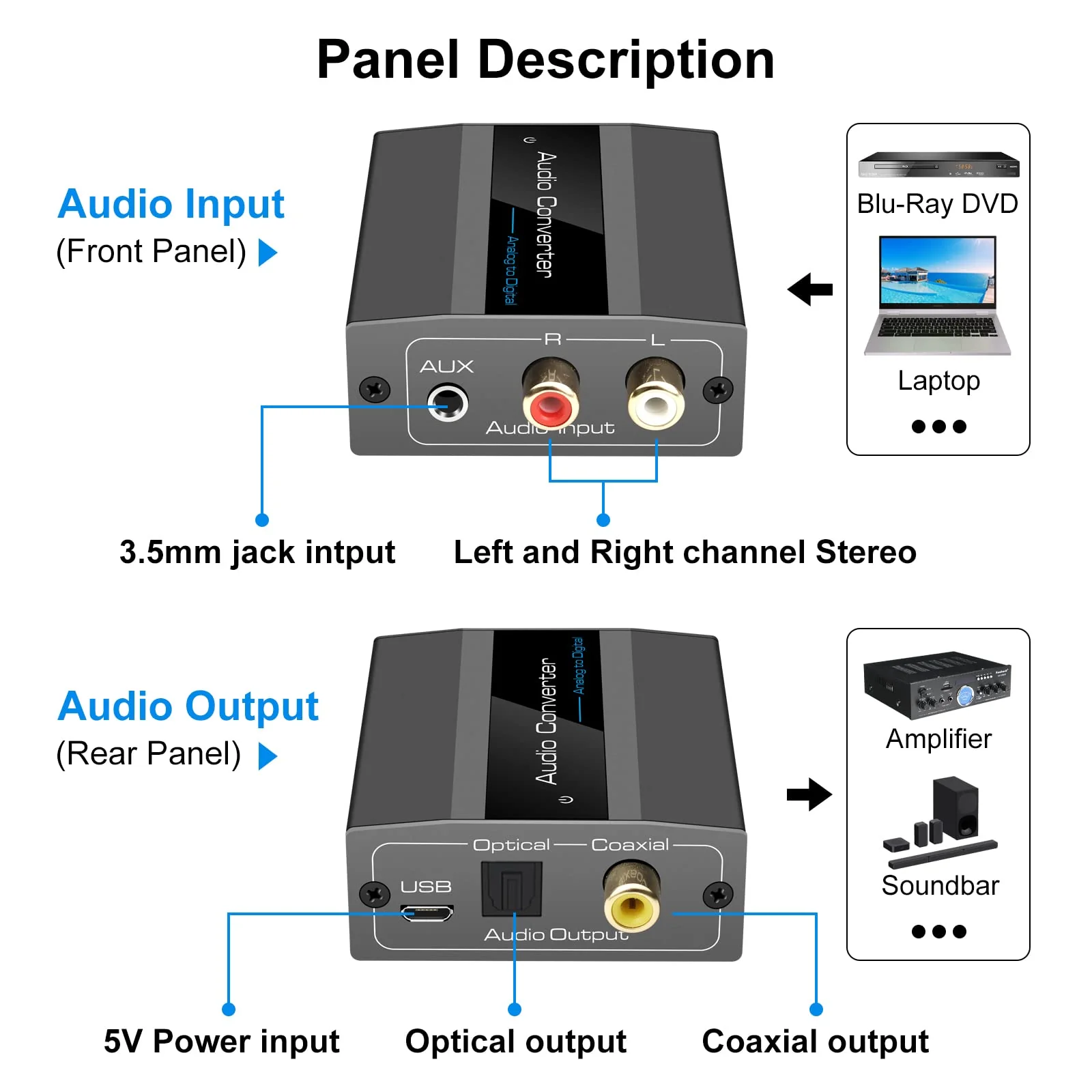 Analog to Digital Audio Converter RCA R/L to Optical with Optical Cable 3.5mmAUX Jack to Digital Toslink and Coaxial Audio Adapter for Soundbar - Image 6