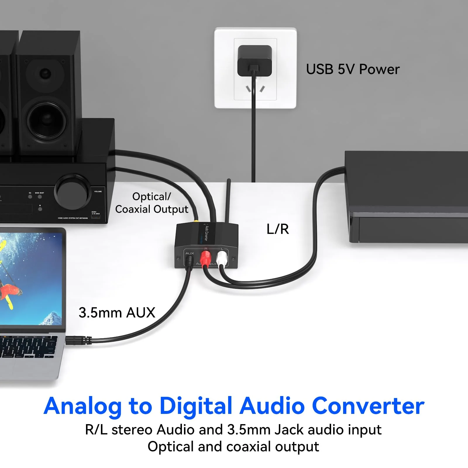 Analog to Digital Audio Converter RCA to Optical Converter RCA/3.5MM to Toslink and Coaxial Adapter for PS5 PS4 DVD Soundbar - Image 3