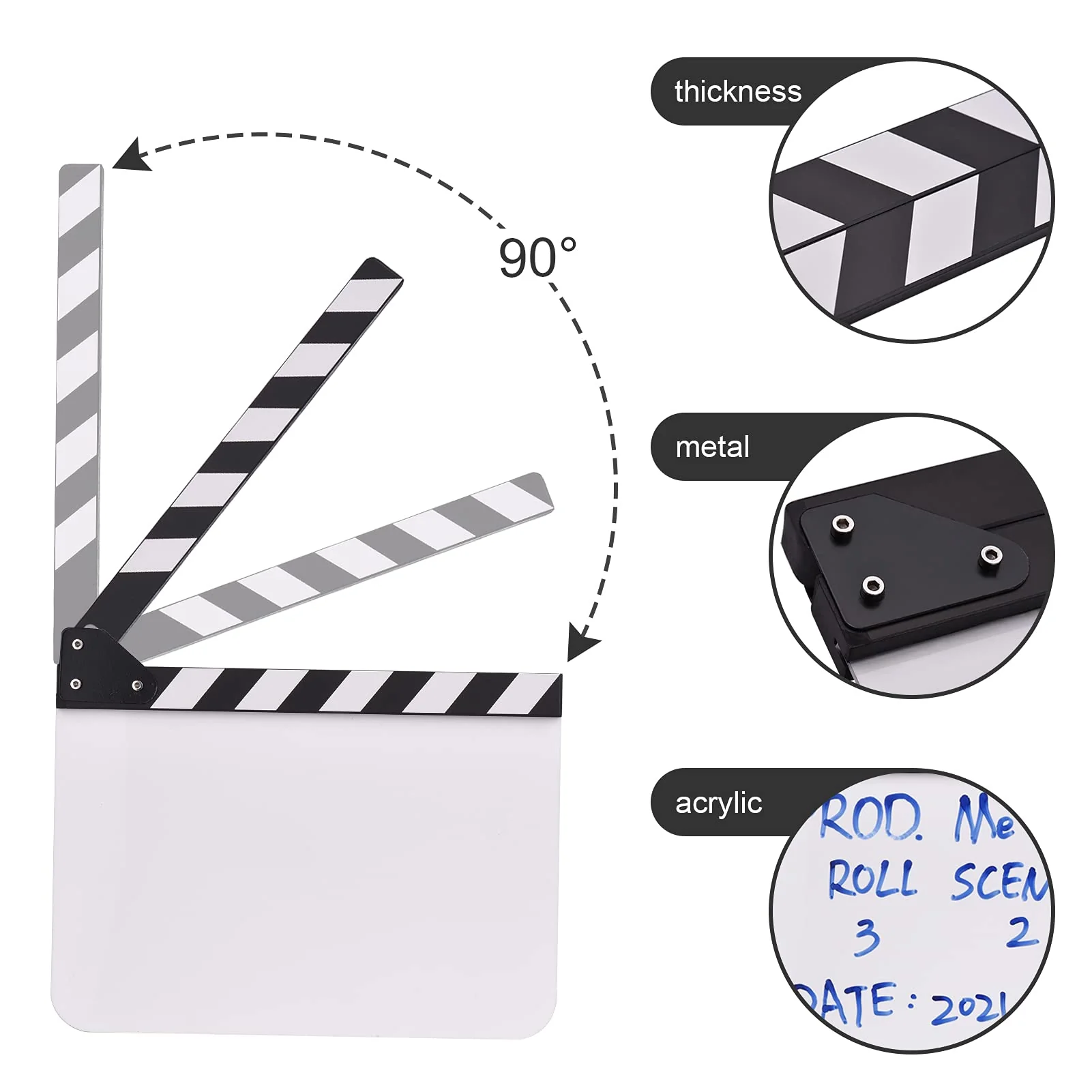 Andoer 30 * 24cm/ 12 * 9in Acrylic Film Clapboard Movie Directors Clapper Board Slate Cut Action Scene Blank Clap Board Dry Erase with White & Black Sticks - Image 4
