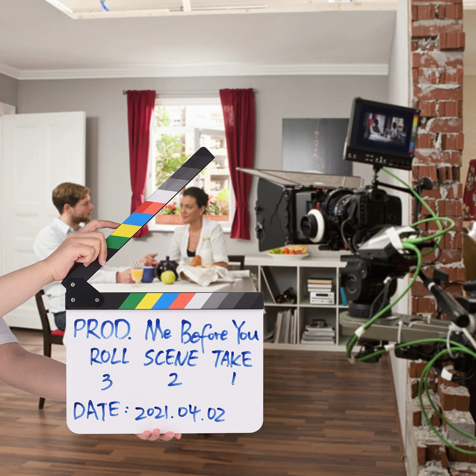 Andoer 30 x 24cm Acrylic Film Clapboard Movie Directors Clapper Board Slate Cut Action Scene Blank Clap Board Dry Erase with Multicolored Sticks - Image 5