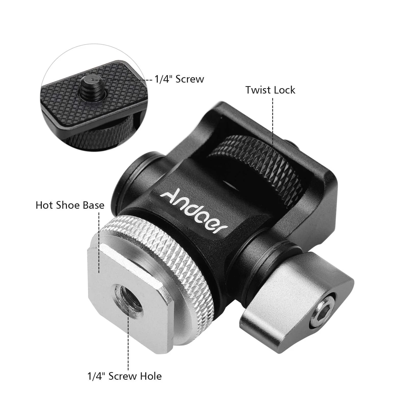 Andoer Mini Monitor Mount Tripod Head Cold Shoe Adapter Aluminum Alloy 1/4 Inch Screw for Mounting Camera Monitor Flash Microphone LED Fill Light - Image 5