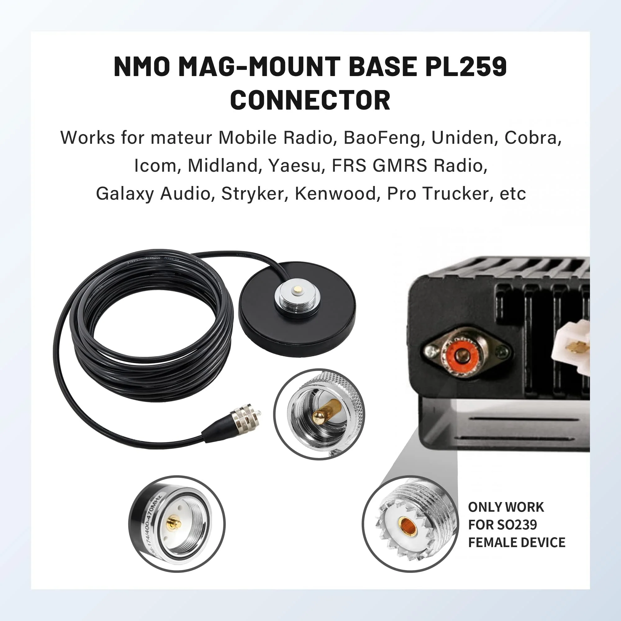 Anina NMO Antenna Magnetic Base Mount 16.4 FT RG58 Coaxial Cable PL-259 Plug with NMO Antenna Mounting Cap for CB Ham GMRS Radio Marine Two Way Radio - Image 5