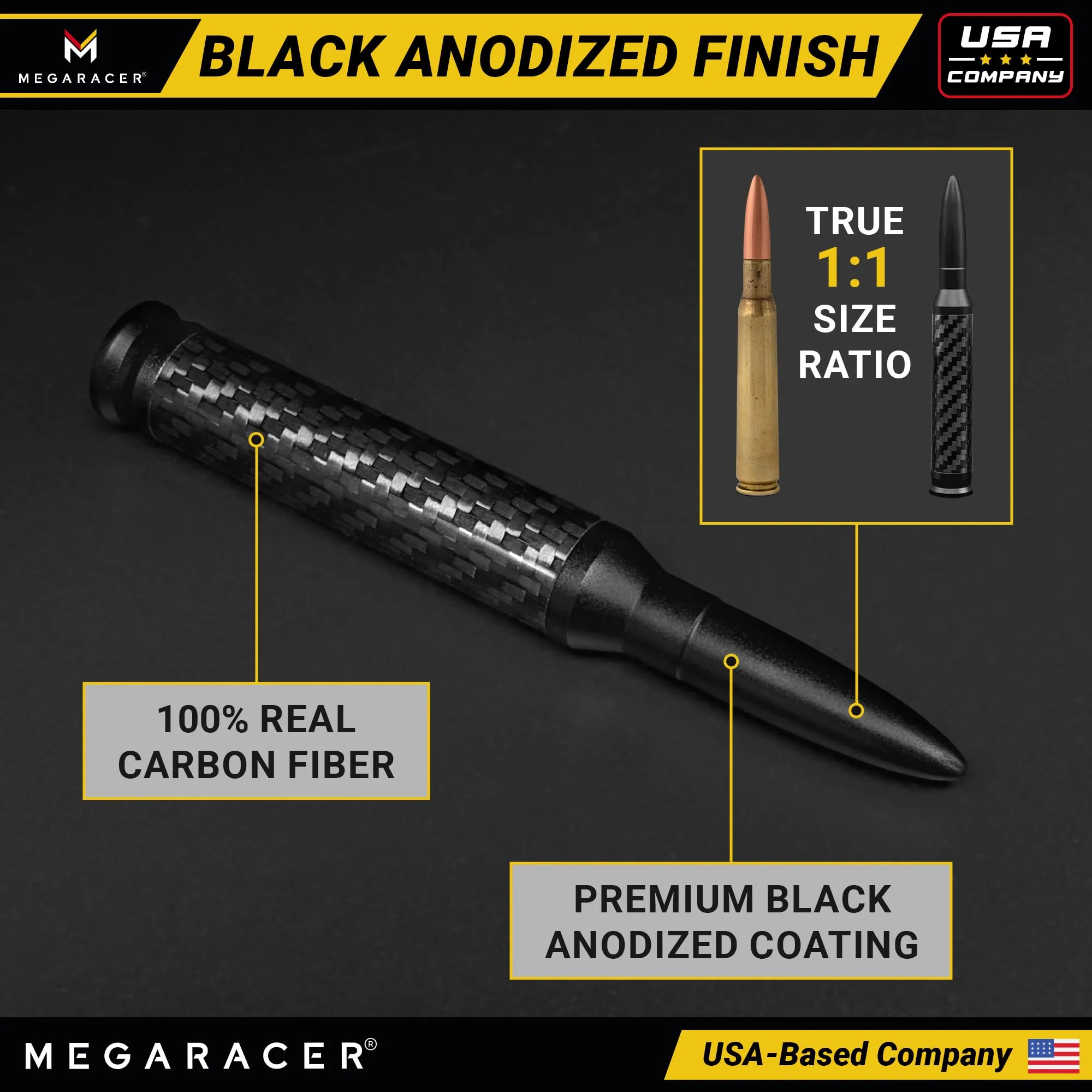 Anodized Carbon Fiber 50 Cal Bullet Antenna for Truck - Fits Ford F150 F250 Bronco RAM 1500 Chevy Silverado GMC Sierra Tundra Tacoma - UV & Chip Resistant, Car Wash Safe, Short Replacement, Black - Image 5