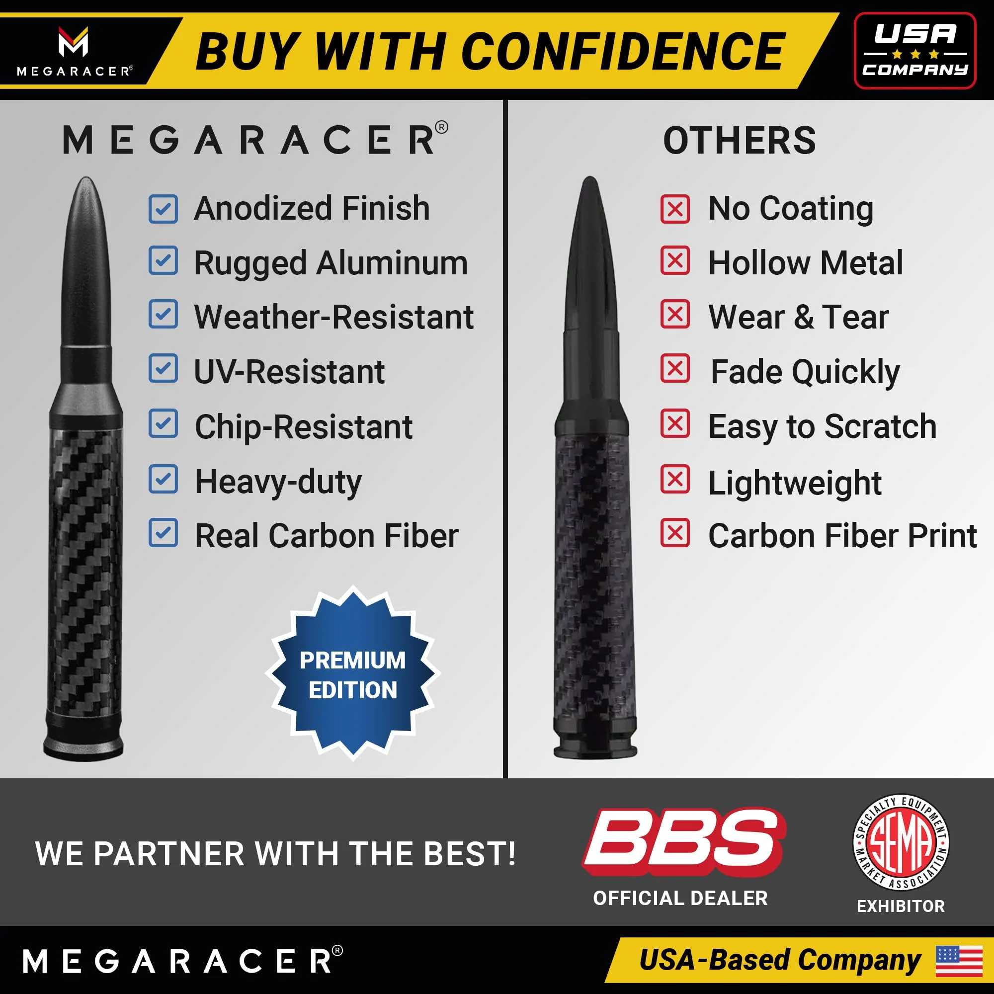 Anodized Carbon Fiber 50 Cal Bullet Antenna for Truck - Fits Ford F150 F250 Bronco RAM 1500 Chevy Silverado GMC Sierra Tundra Tacoma - UV & Chip Resistant, Car Wash Safe, Short Replacement, Black - Image 6